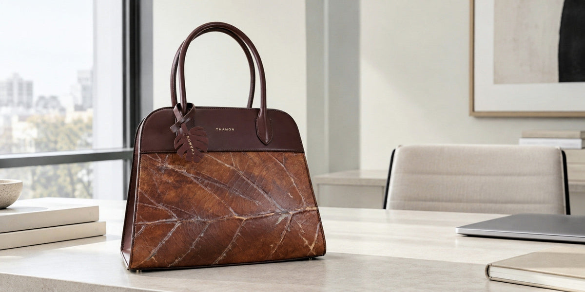 SLOANE tote bag in Spice Brown Leaftex worn with charcoal layered workwear in a clean minimal office setting.