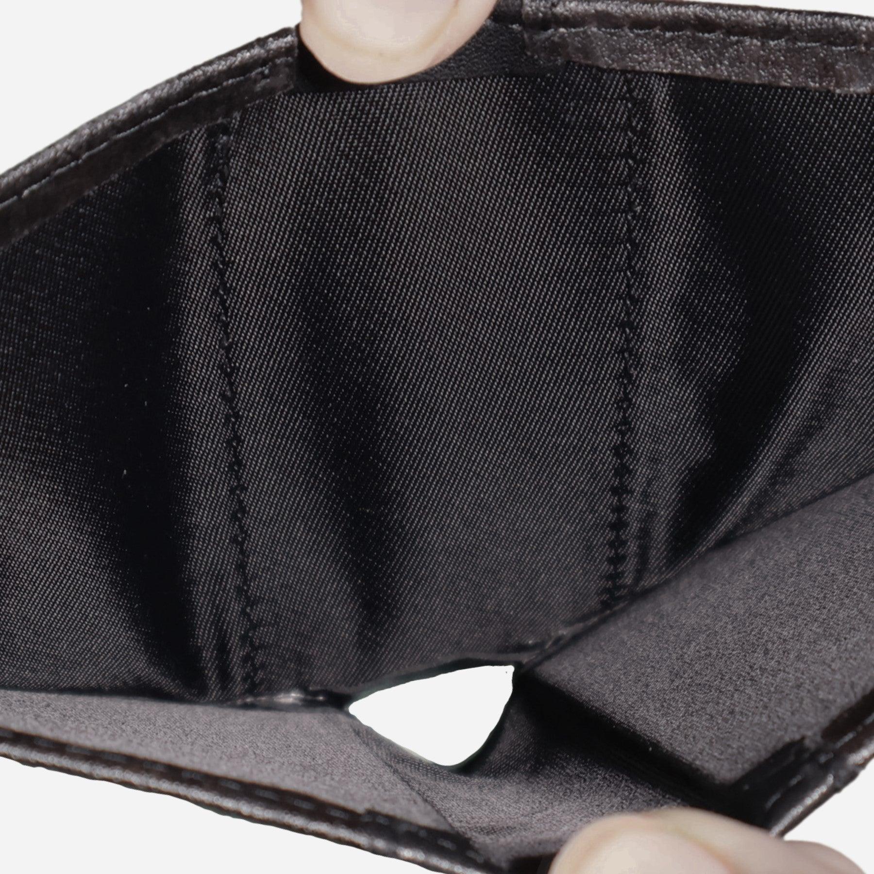 Interior view of Thamon Black Leaf Bifold Card Wallet showing fabric lining and stitching details