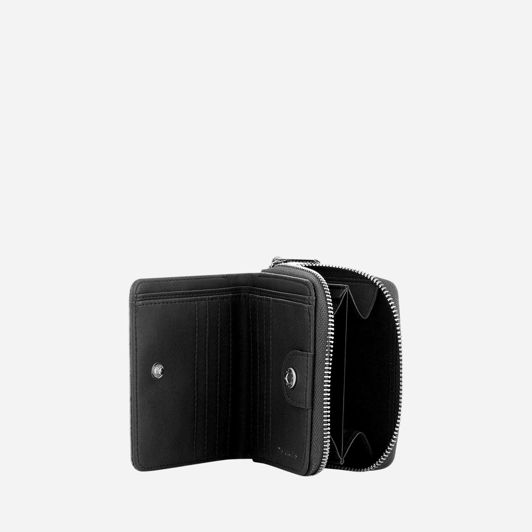 Open Thamon black leaf leather wallet featuring multiple card slots, two cash sections and zippered coin pocket divided into two sections.