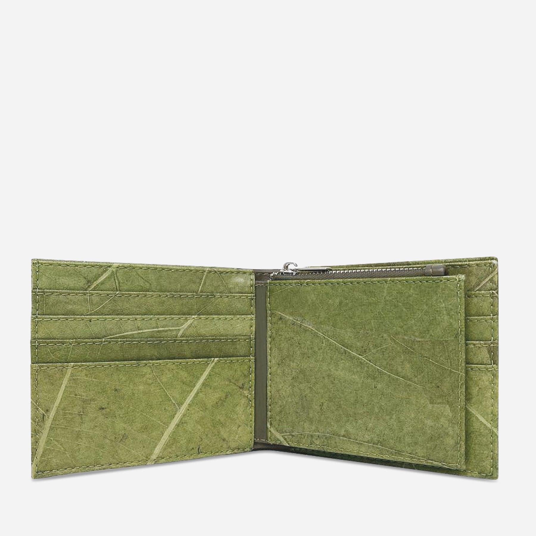 Full interior view of Thamon Olive Oliver Wallet showing card slots and coin pocket, crafted from leaftex (real leaf leather)