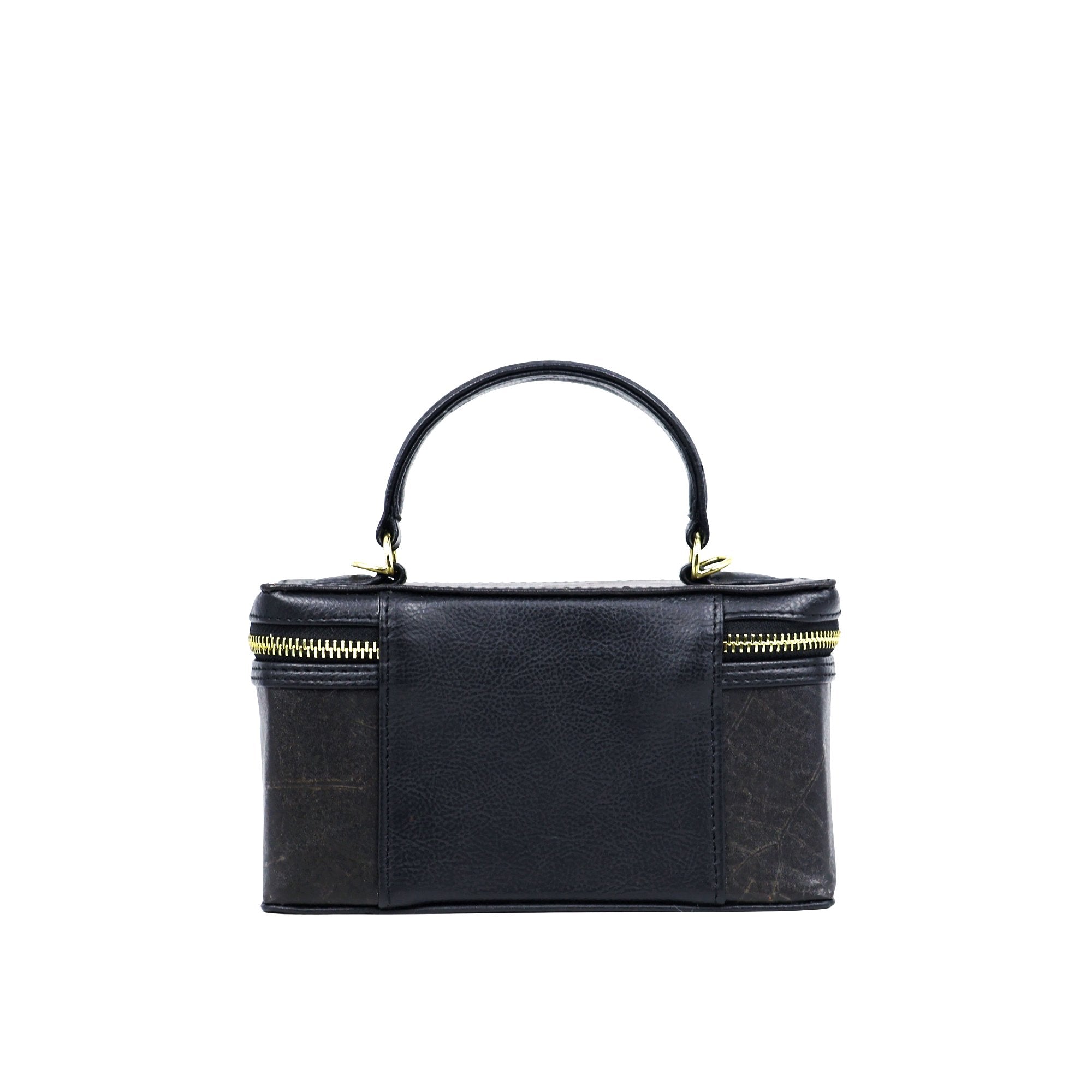 Back view of Thamon Vanity Crossbody Bag in black Leaftex with gold hardware.