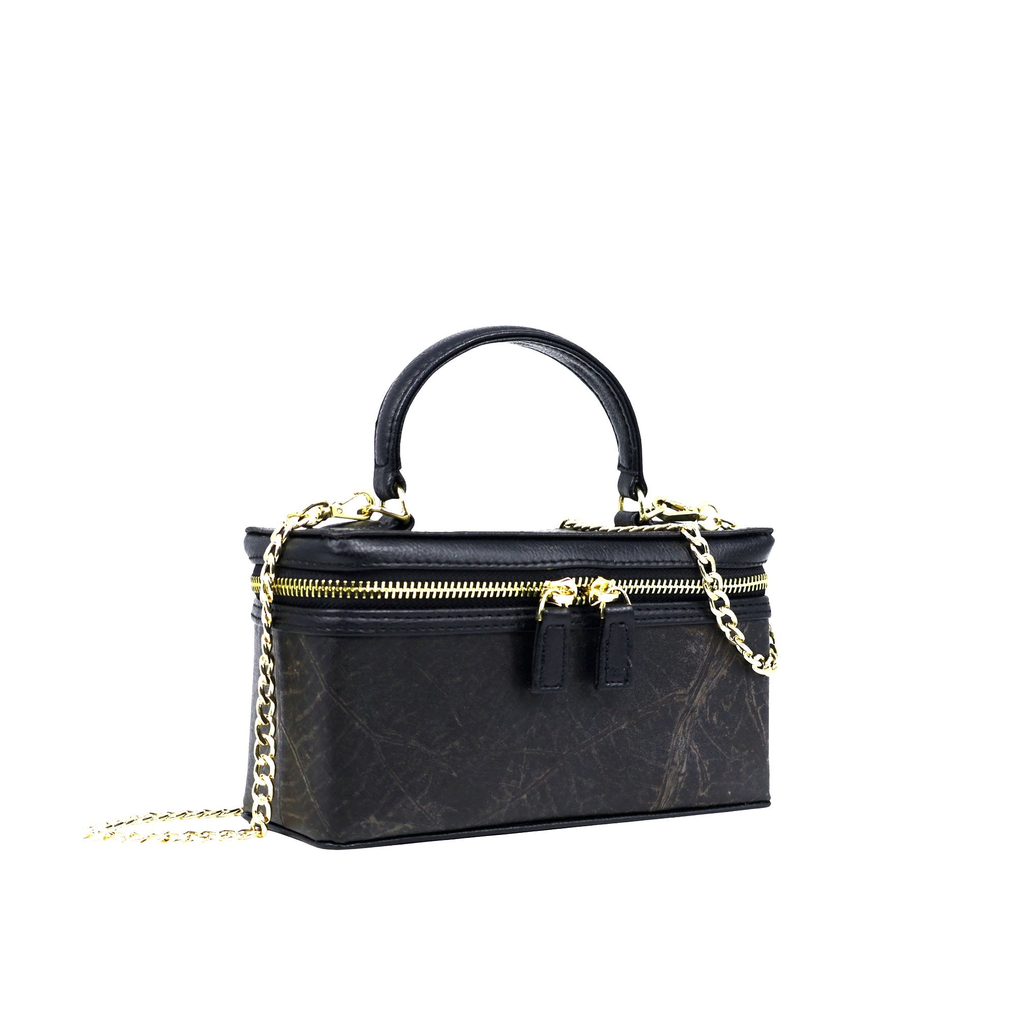 Side view of Thamon Vanity Crossbody Bag in black Leaftex with gold hardware.