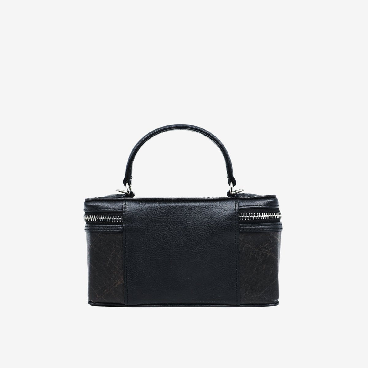 Back view of Thamon Vanity Crossbody Bag in black Leaftex with silver hardware.