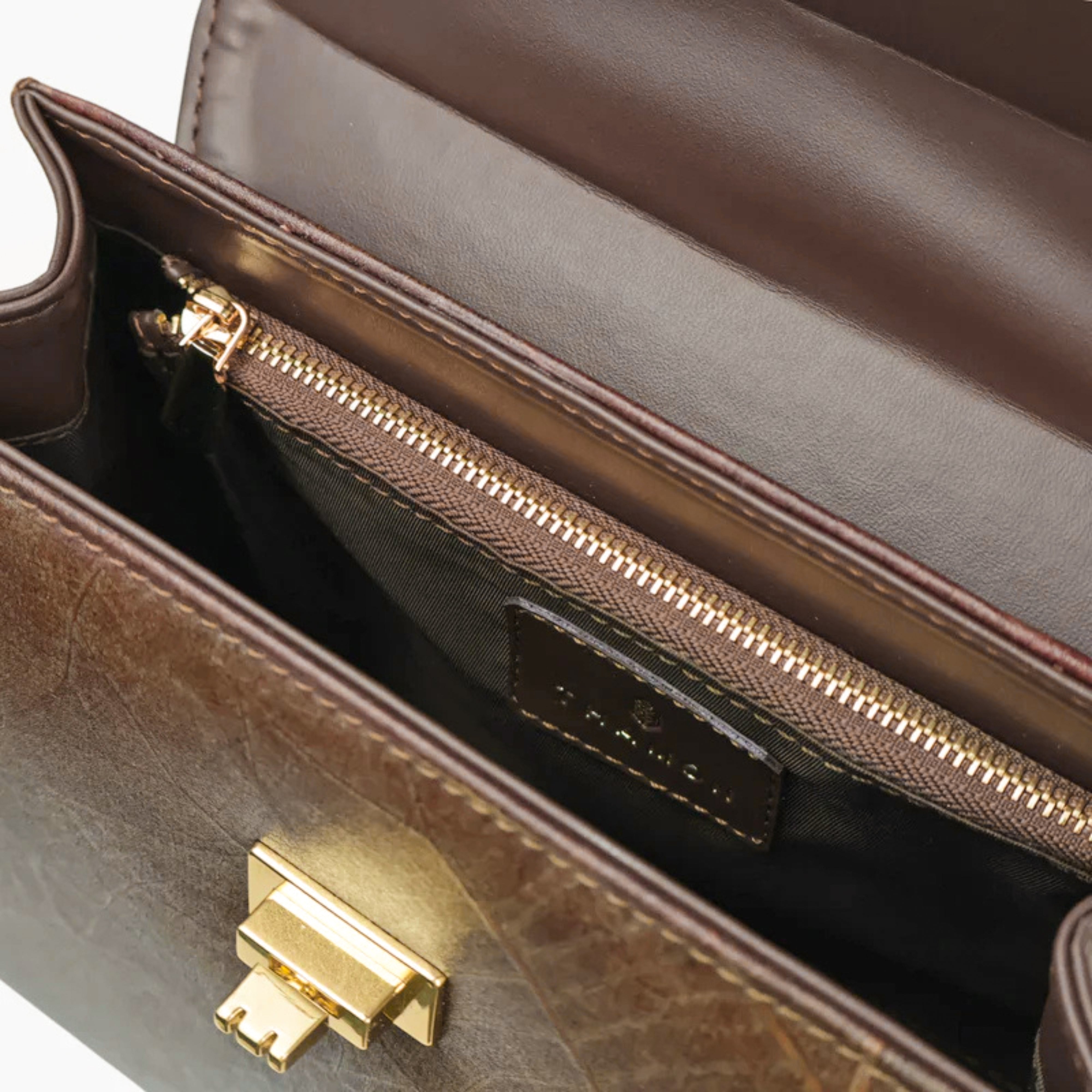 Inside Walnut Brown Leaf Pattern Kylie Bag by Thamon