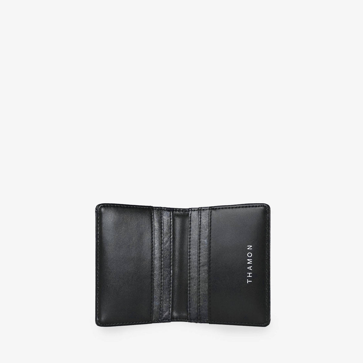 Bifold cardholder in Black shown open, with multiple interior card slots and THAMON logo.