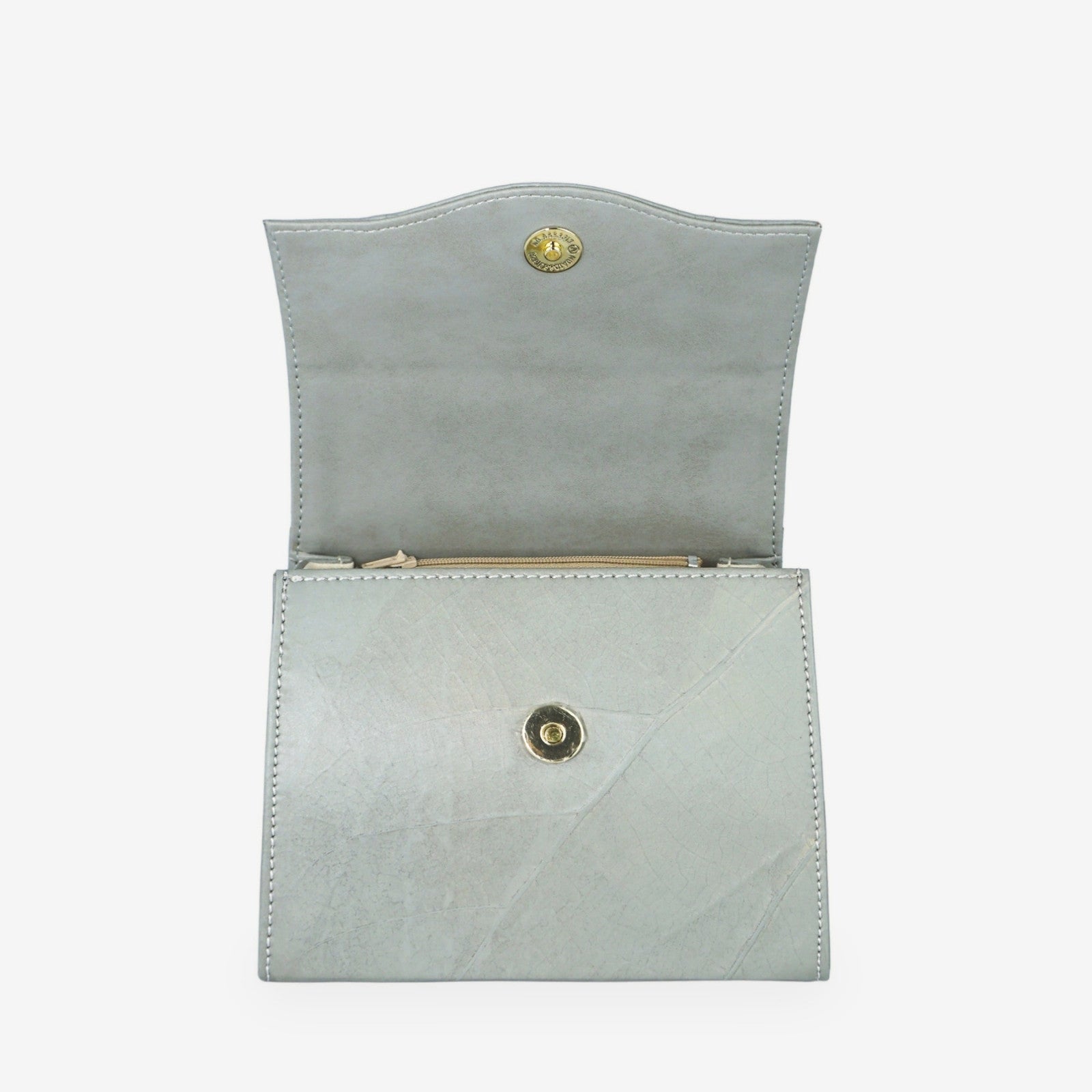 Cloud Grey Box Bag in Leaftex shown open on a white background with a gold-tone magnetic closure.