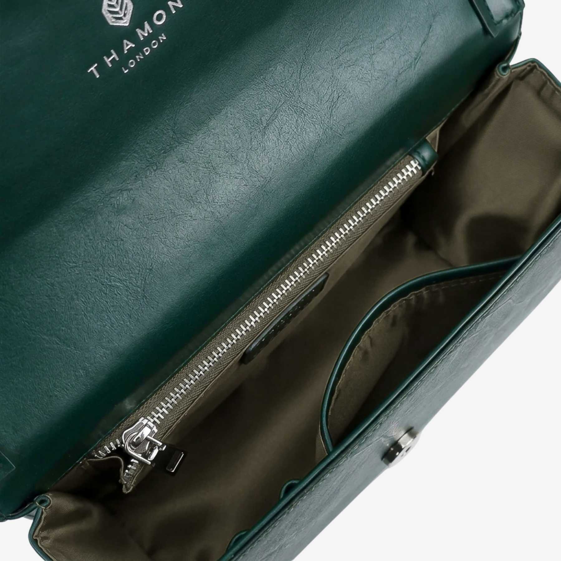 Interior detail of Camden bag in forest green made from leaf leather