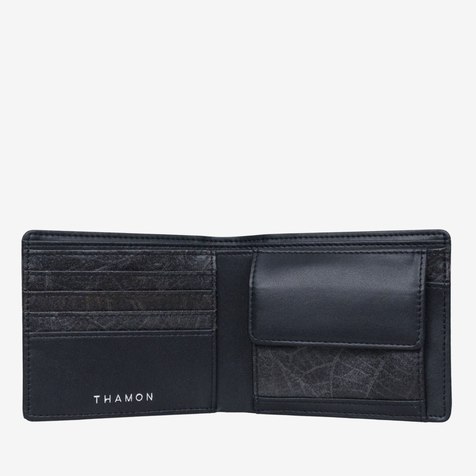 Coin wallet with open compartment in black made from leaf leather