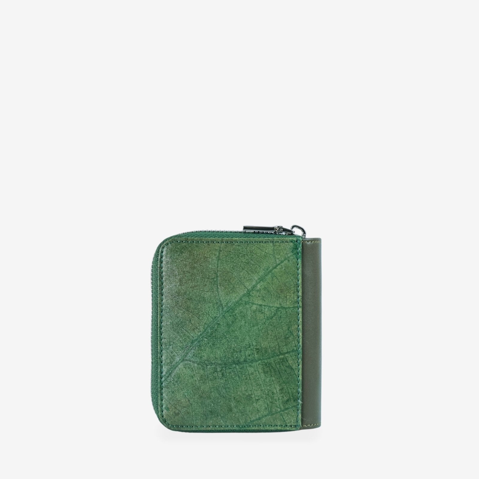 Compact zip-around wallet in dark olive green made from real leaf leather