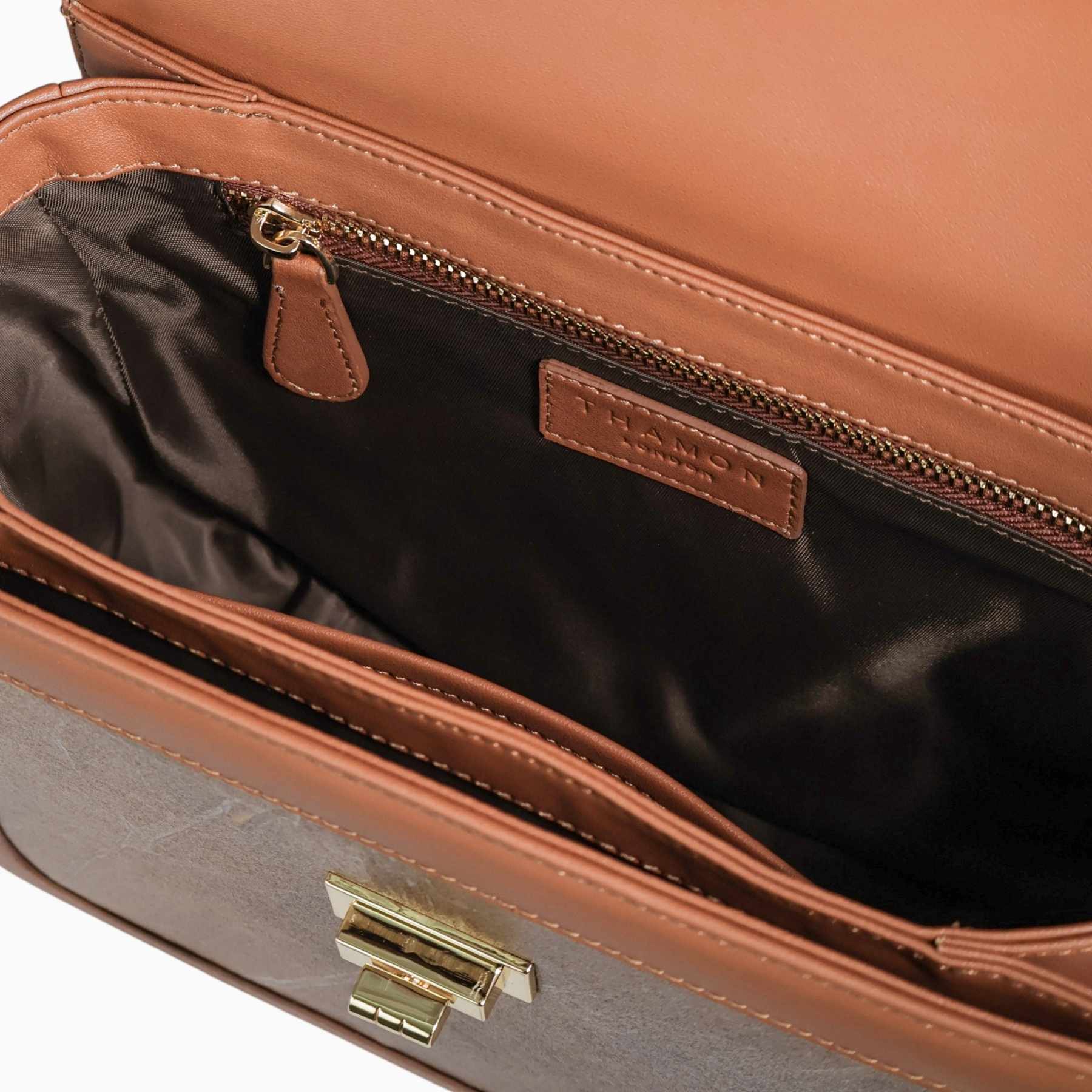 Interior detail of Copenhagen bag in caramel made from leaf leather