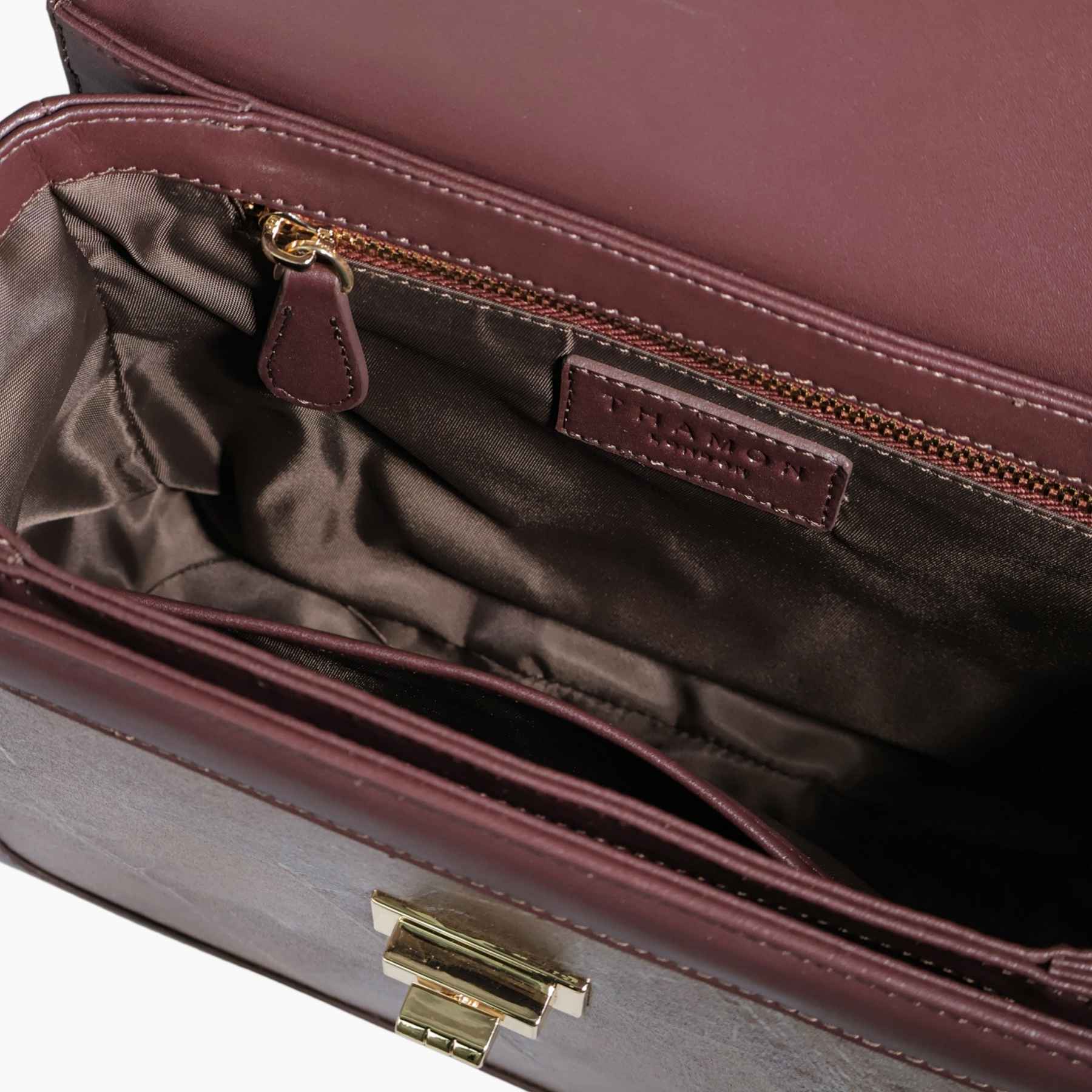 Interior detail of Copenhagen bag in chocolate brown leaf leather