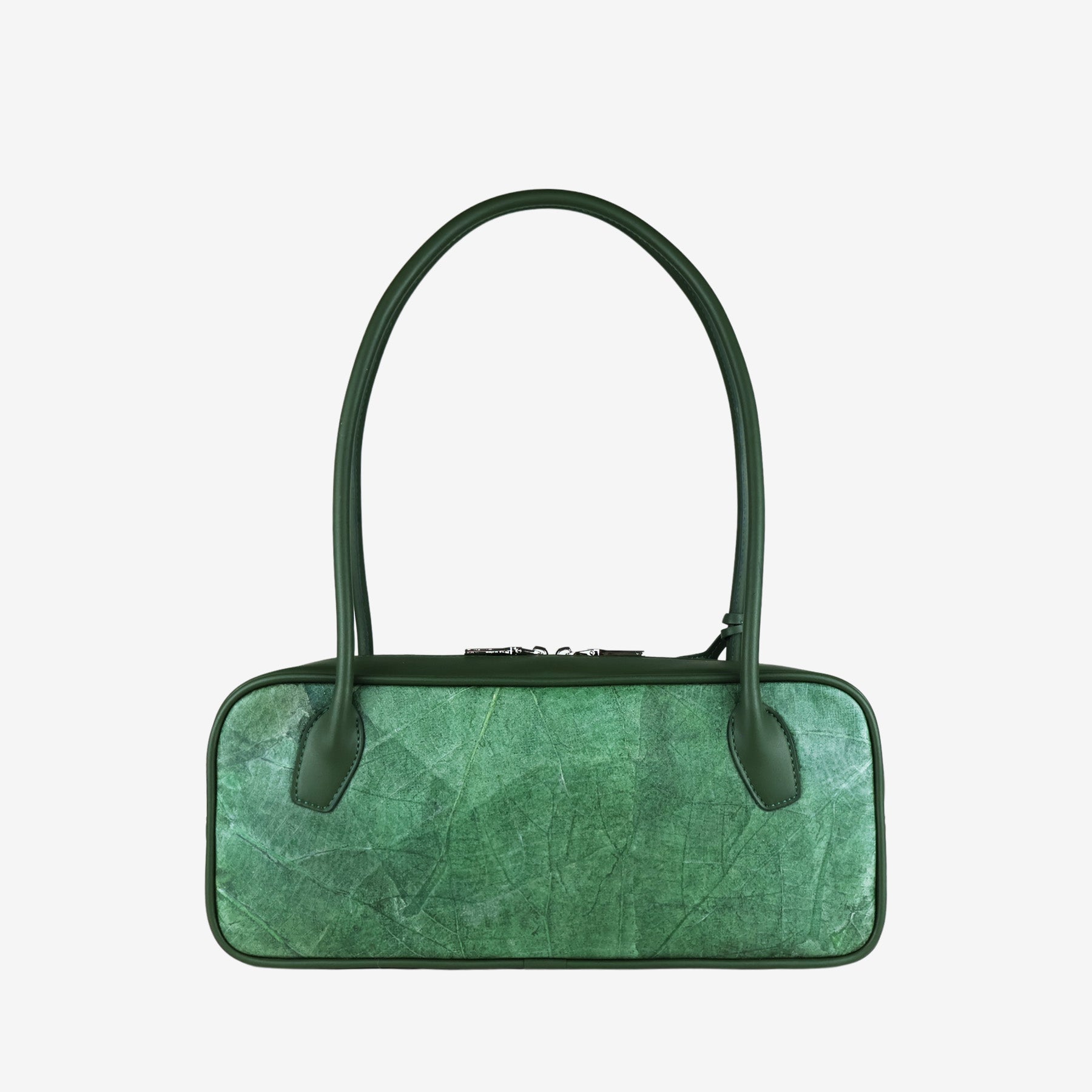 A rectangular, dark green vegan leather shoulder bag with a subtle, lighter green leaf-patterned texture and a silver zipper closure visible at the top.