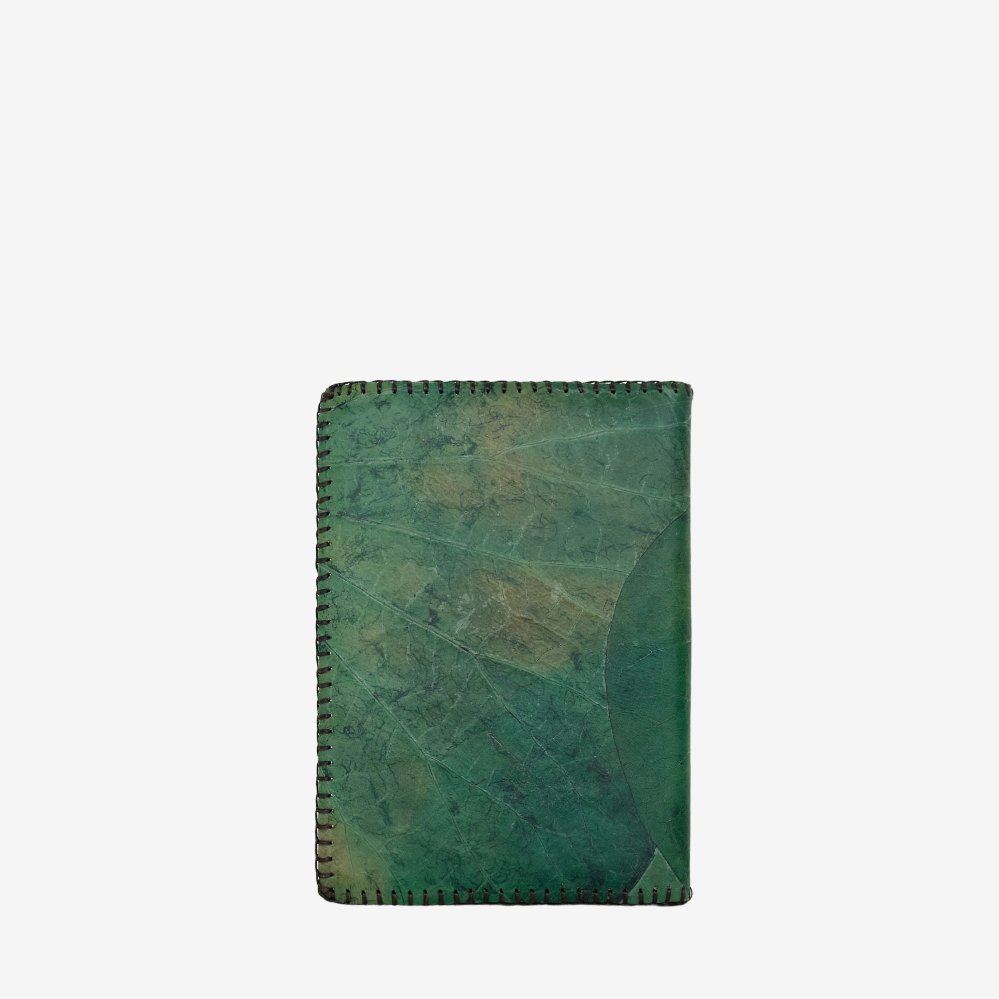 Back cover of Thamon Lotus A6 Notebook Journal in Forest Green Leaftex, highlighting the organic leaf pattern and refined craftsmanship.
