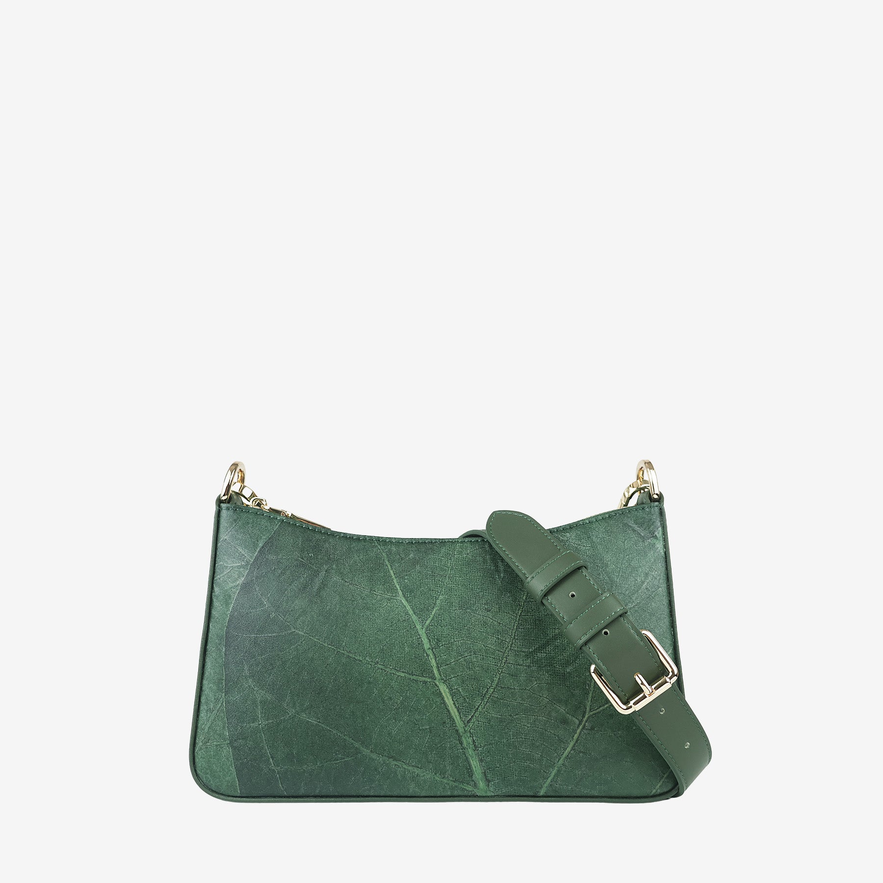 Forest Green Maki Bag with adjustable strap, highlighting the vegan leather strap and buckle