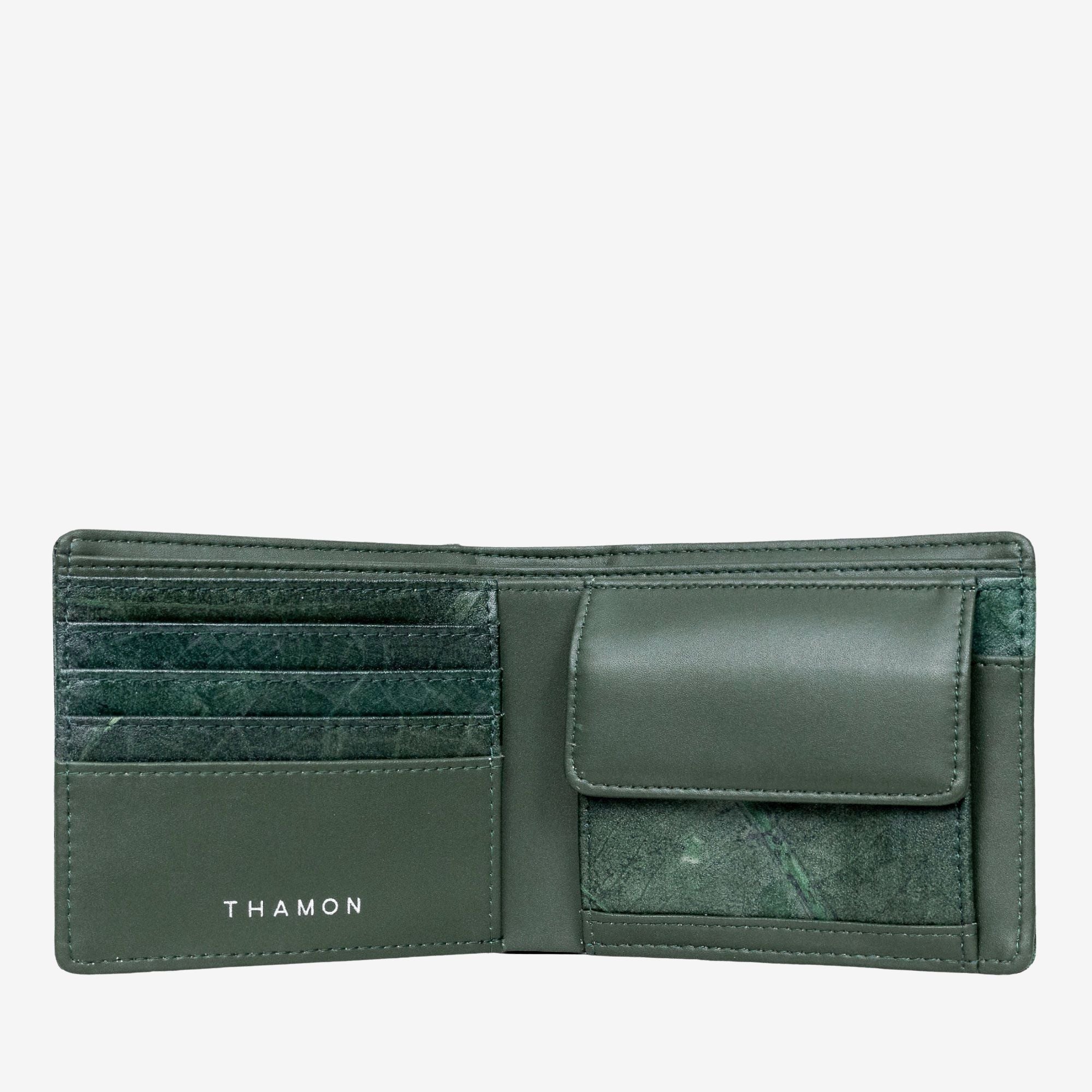 Open view of the Forest Vegan Leather Men's Coin Wallet by Thamon, showing the coin compartment and card slots.