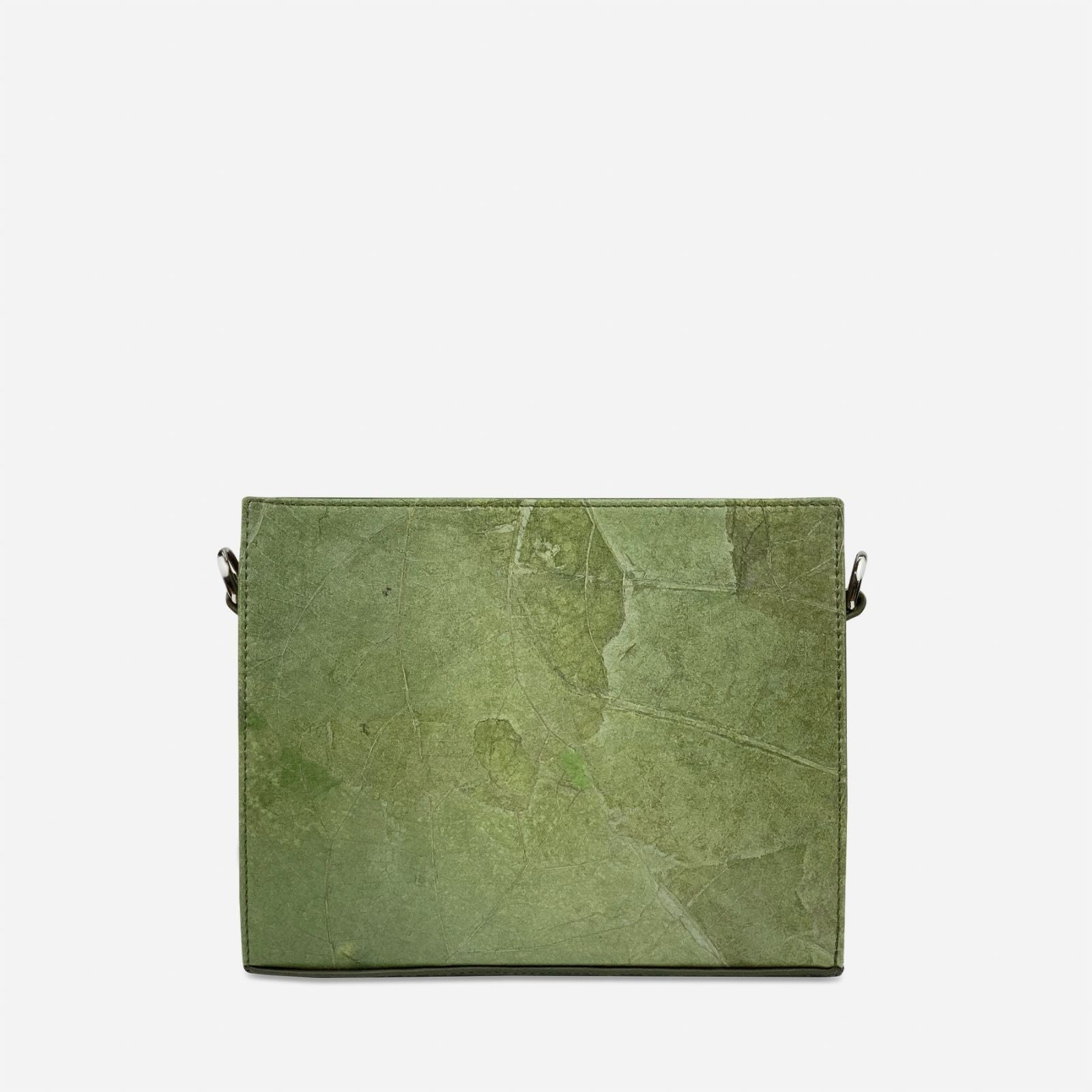 Back view of the INGRID bag in Olive Green Leaftex showing the natural leaf texture