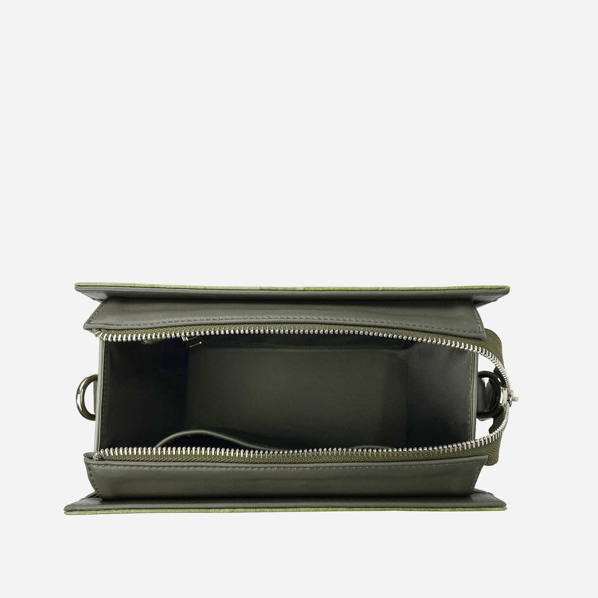 Open INGRID bag in Olive Green showing the interior, zip closure and side hardware