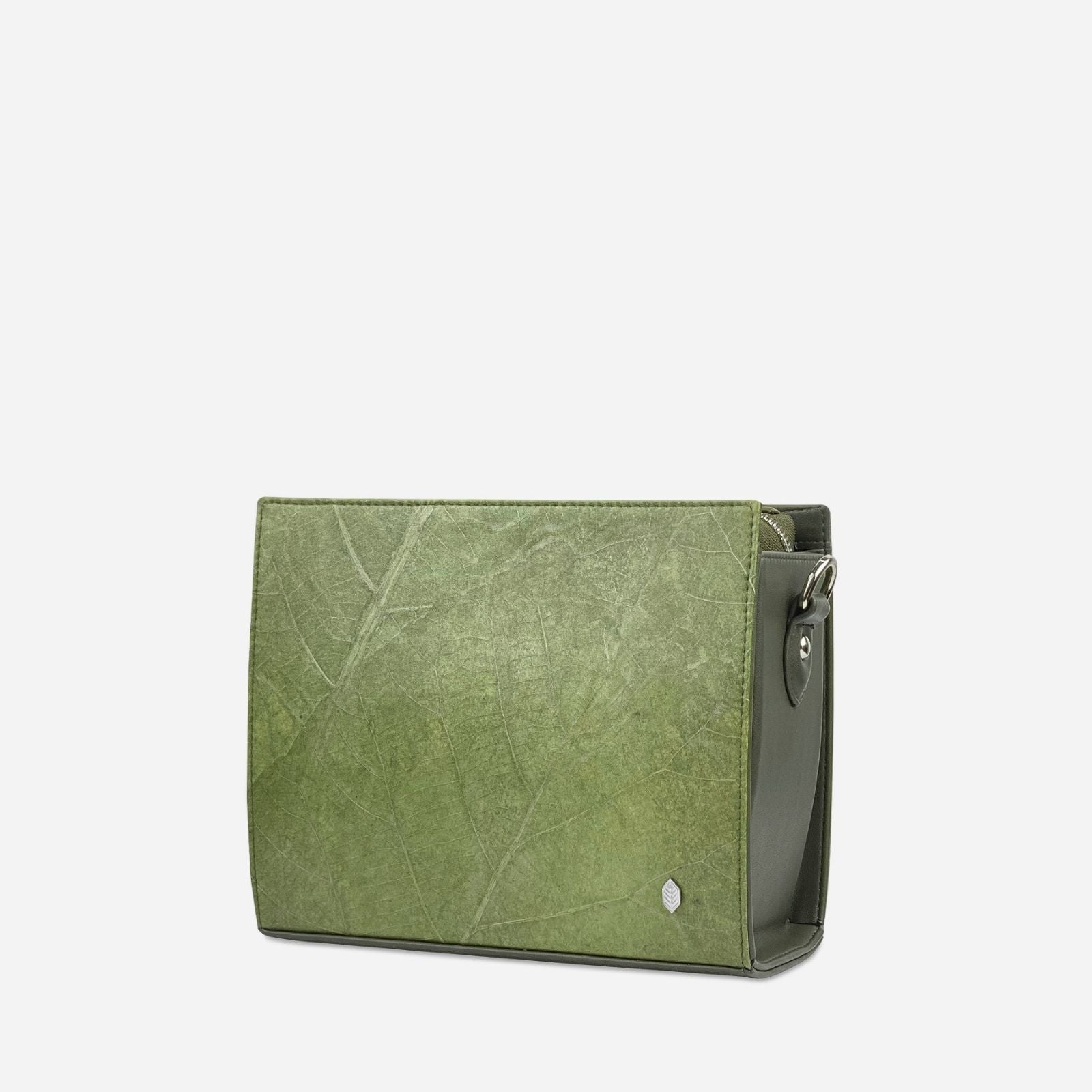 INGRID bag in Olive Green Leaftex shown from the side with natural leaf texture and structured profile