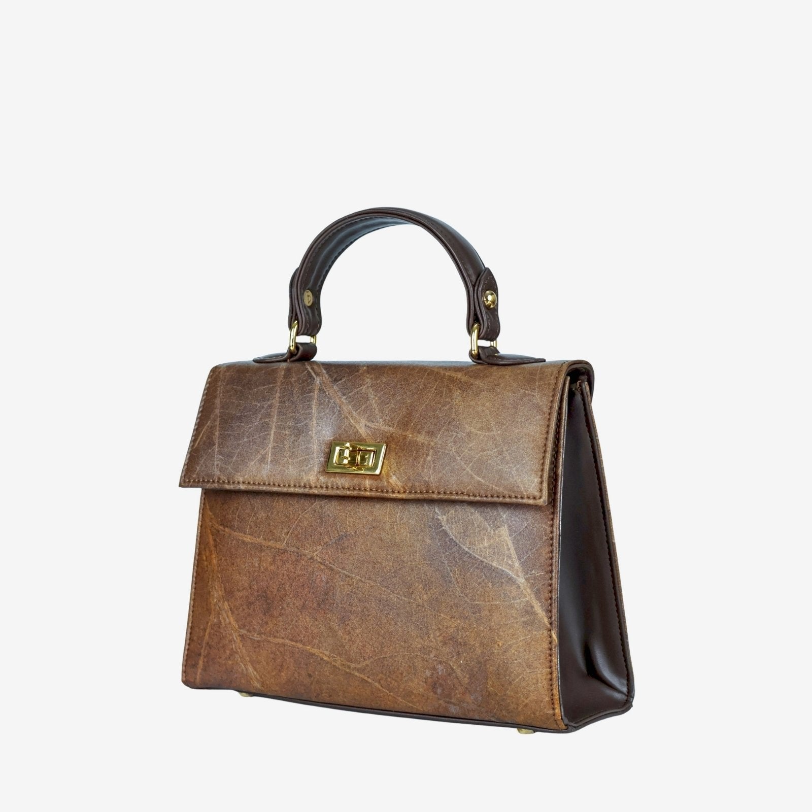 Angle view of Kylie bag in walnut brown made from leaf leather