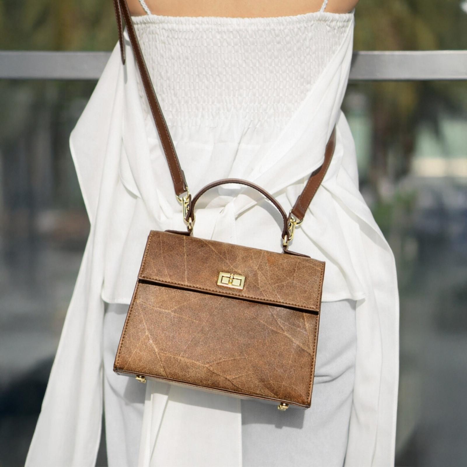 Lifestyle view of Kylie bag in walnut brown made from leaf leather