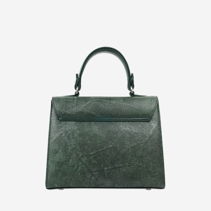 Back Forest Green Leaf Pattern and Silver Twist Lock Kylie Bag by Thamon