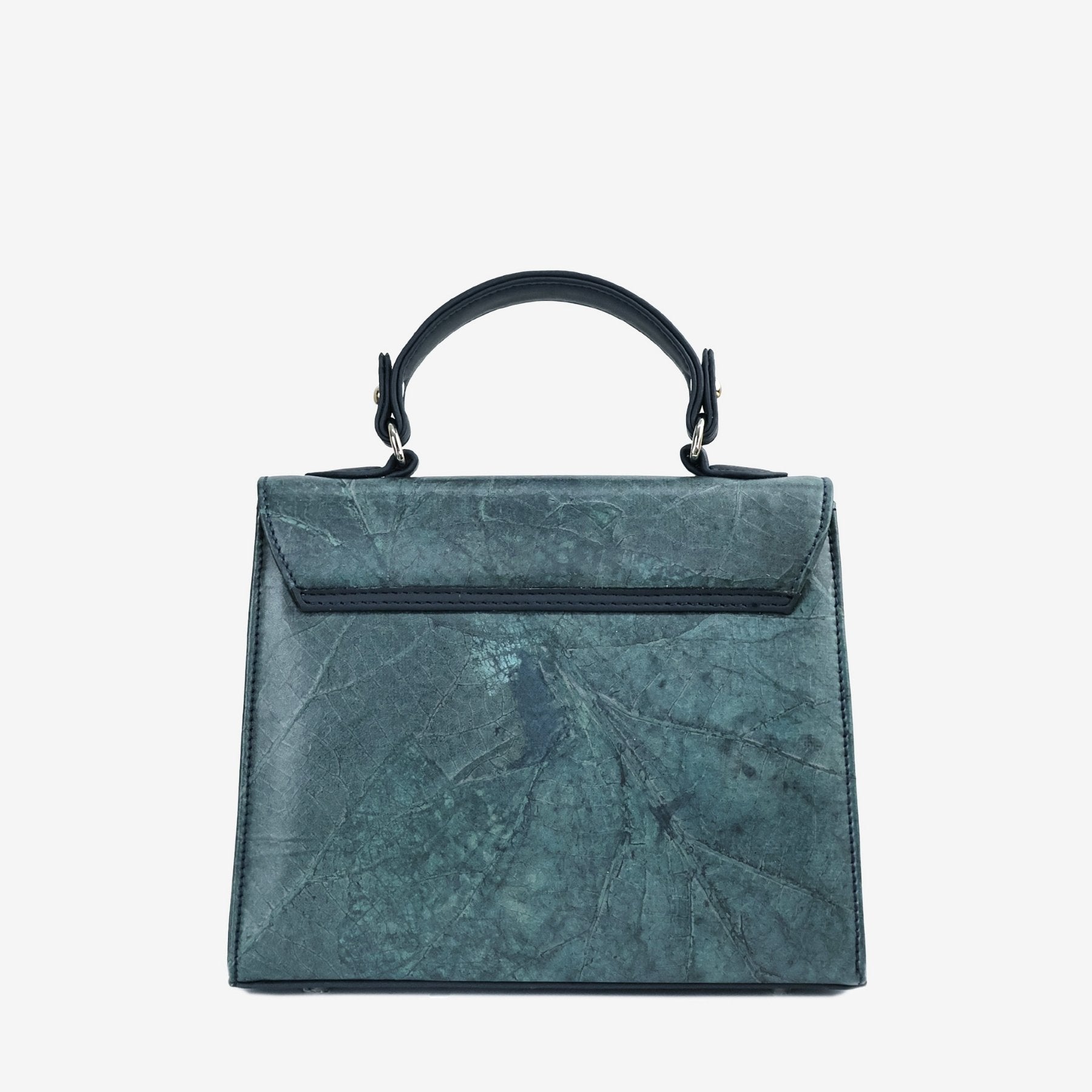 Back view of the Kylie handbag in Blue Diane Leaftex with natural leaf texture and top handle.