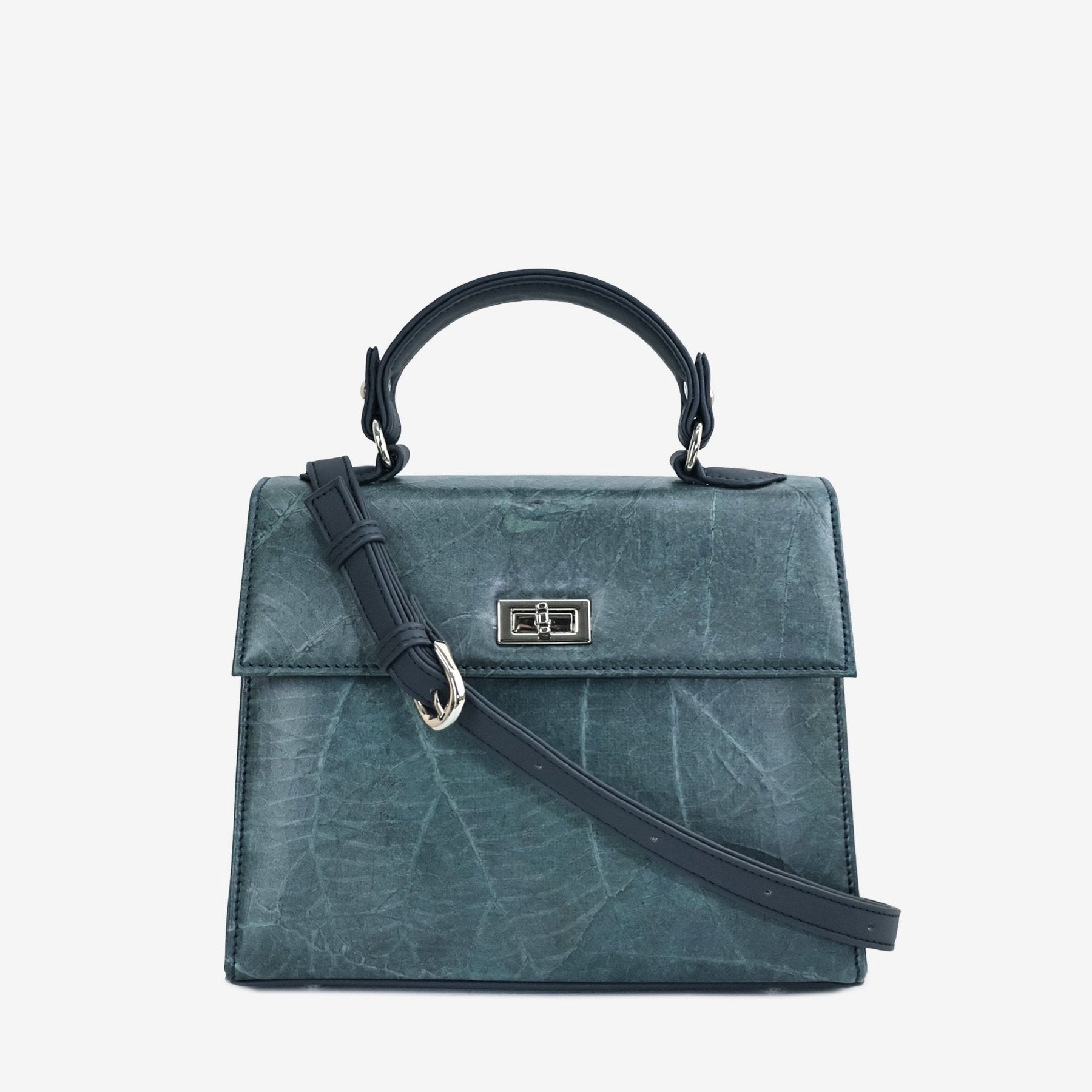 Kylie handbag in Blue Diane Leaftex shown with its detachable adjustable shoulder strap and silver-tone hardware.