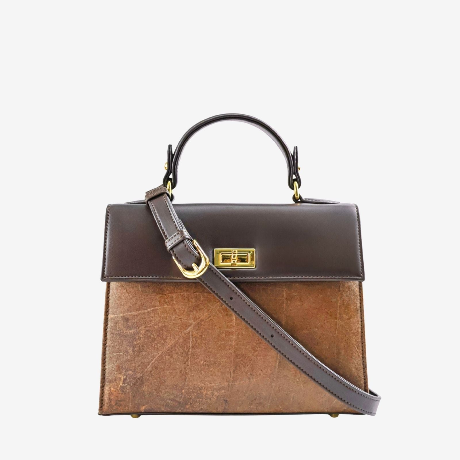 Interior view of Kylie Edge bag in chocolate brown made from leaf leather