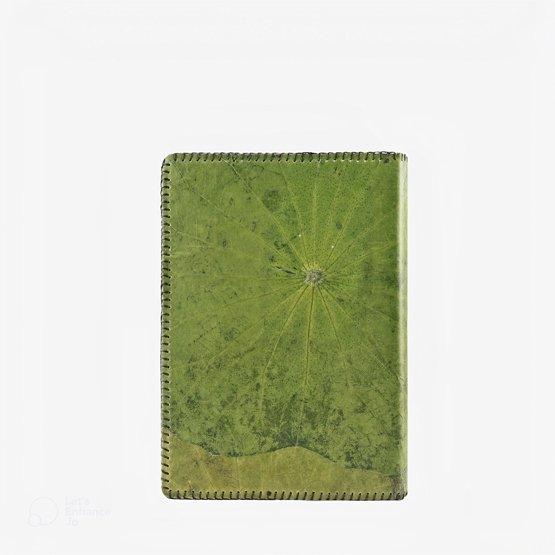 Back view of Thamon's Lotus Leaf A5 Refillable Notebook in olive green, featuring a natural lotus leaf texture with visible veins and a stitched border around the cover.