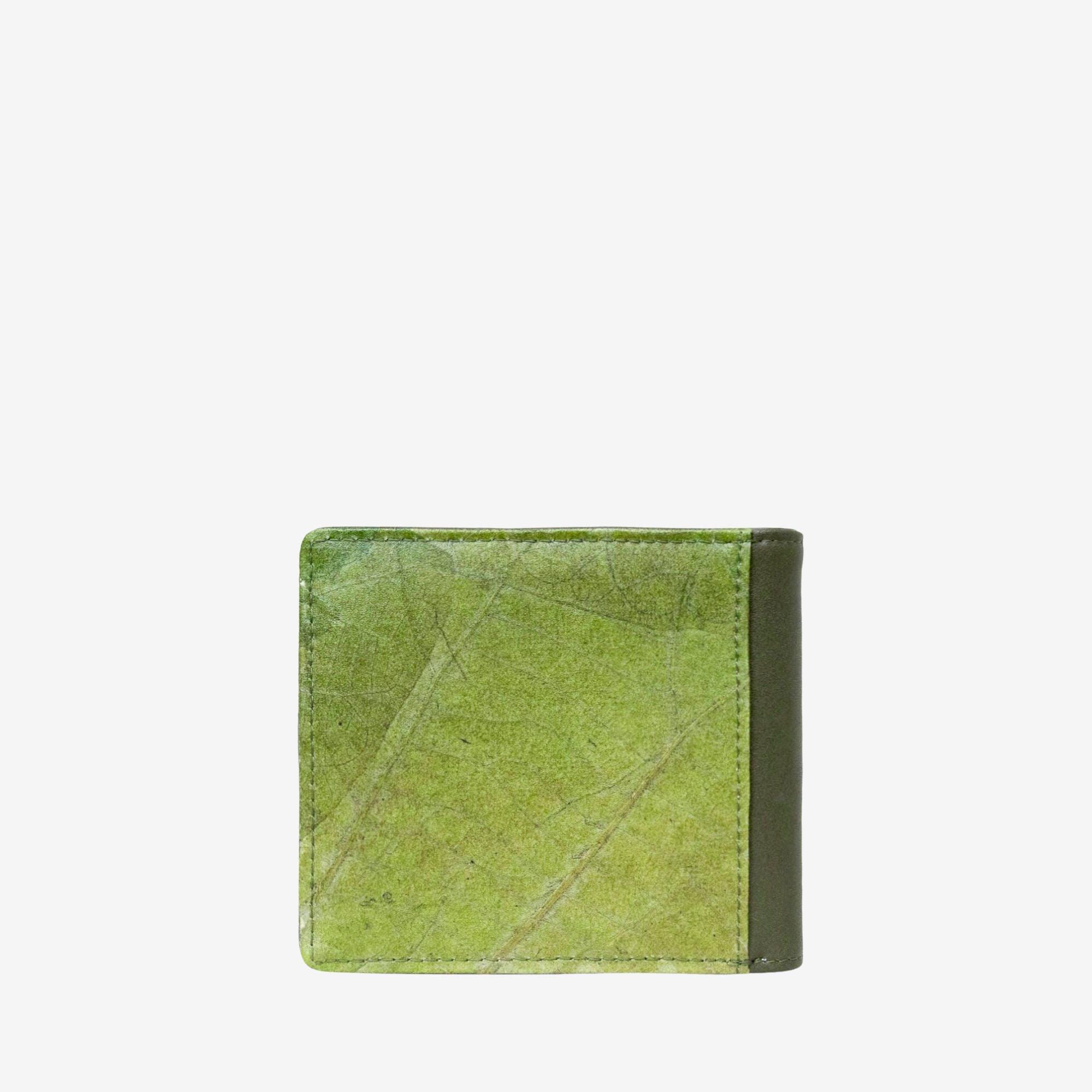 Back view of the Olive Vegan Leather Men's Coin Wallet by Thamon with a sleek microfiber and leaf leather finish.