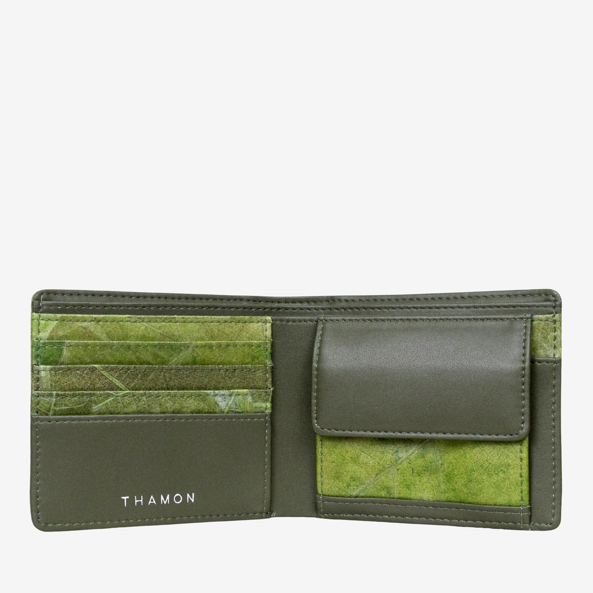 Open view of the Olive Vegan Leather Men's Coin Wallet by Thamon showing the coin compartment and multiple card slots.