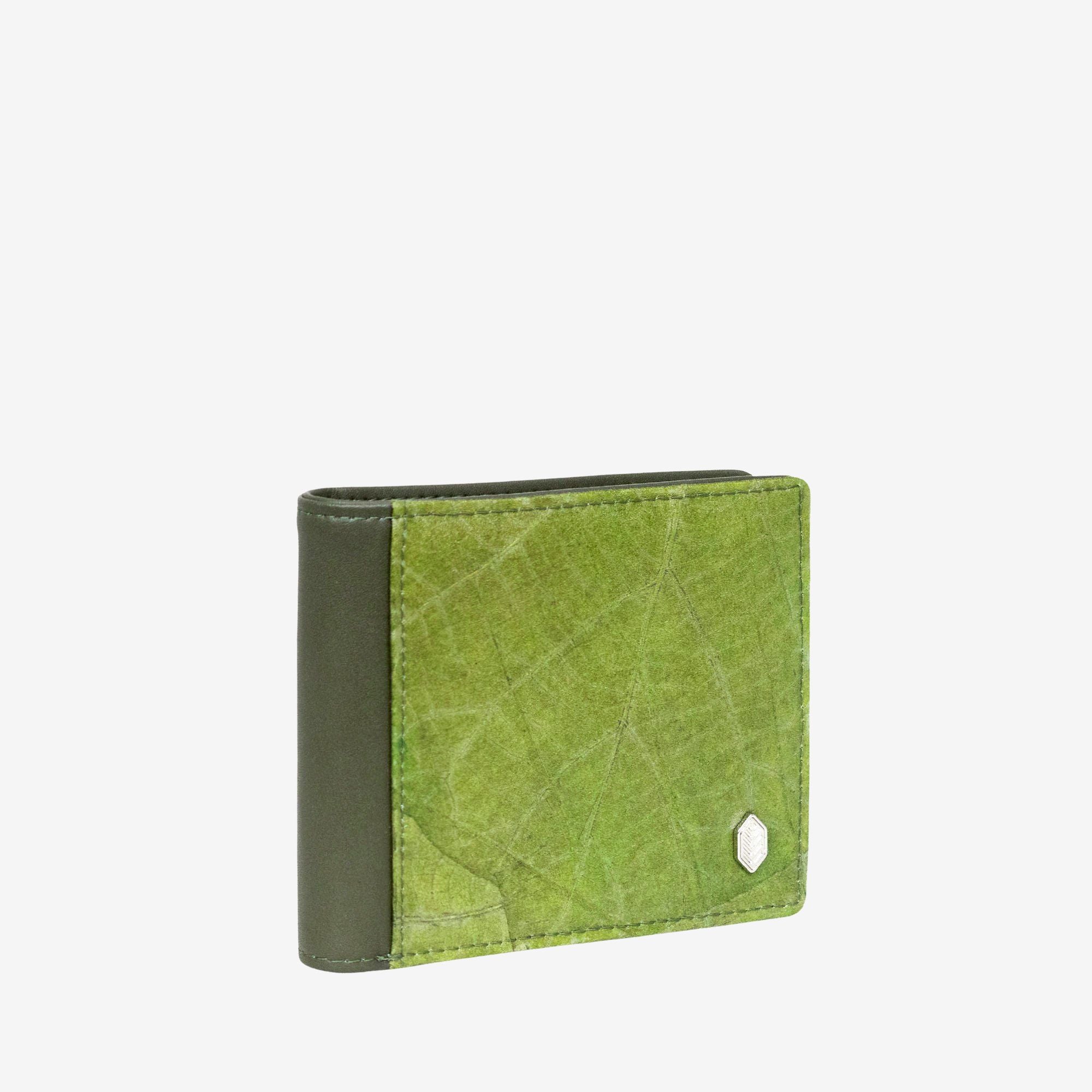 Side view of the Olive Vegan Leather Men's Coin Wallet by Thamon with a sleek microfiber and leaf leather finish.