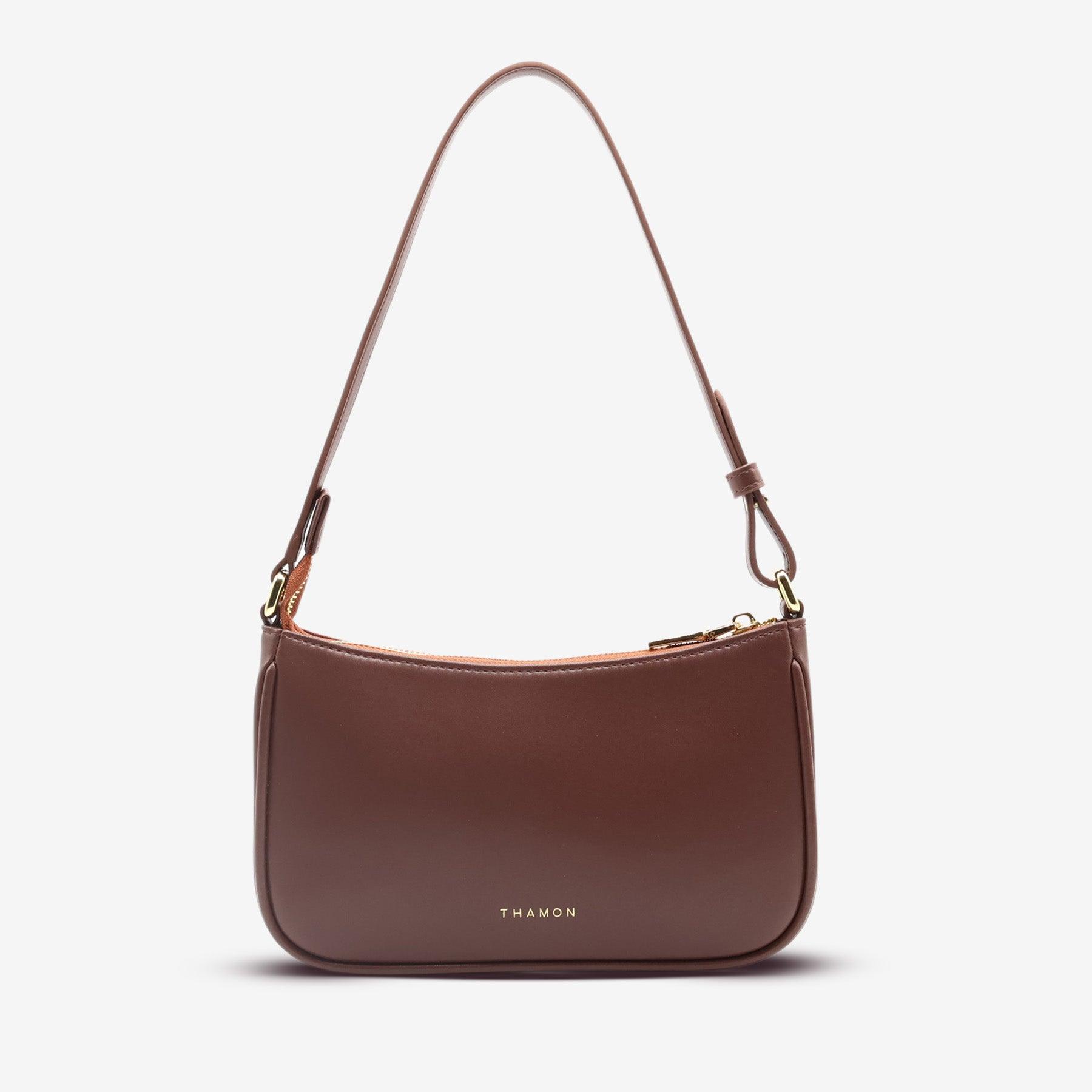 Back view of the Mila Spice Brown Vegan Shoulder Bag featuring Thamon branding and smooth microfiber leather finish
