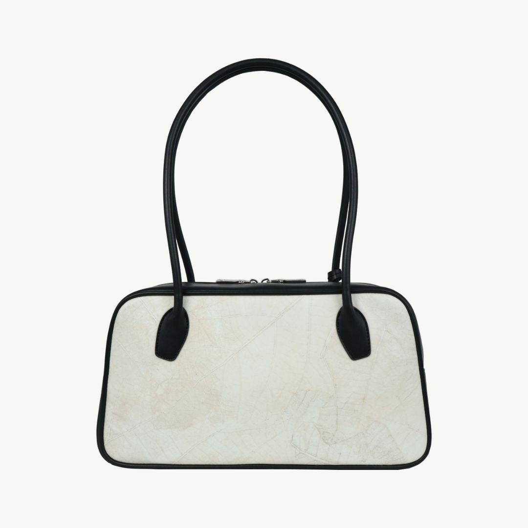 Back view of Thamon Boston Shoulder Bag in ivory white Leaftex with black contrast.