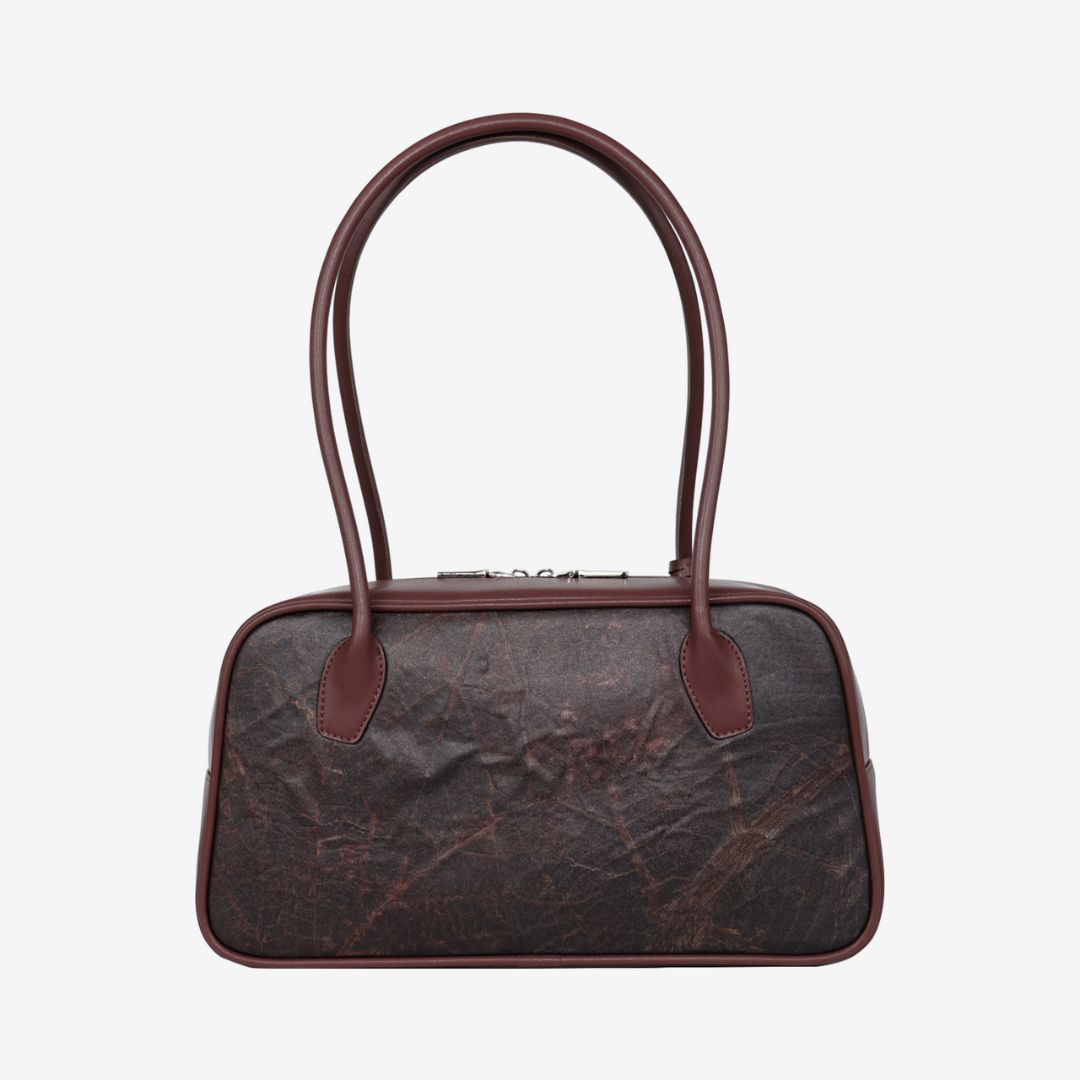 Back view of Thamon Boston Shoulder Bag in rustic brown Leaftex vegan leather with matching trim.