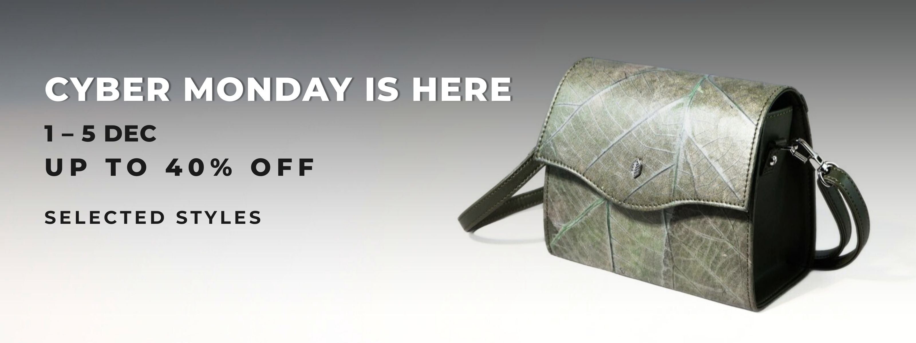Thamon Box Crossbody Bag in moss green Leaftex displayed on a clean grey gradient background with Cyber Monday Week promotional text.