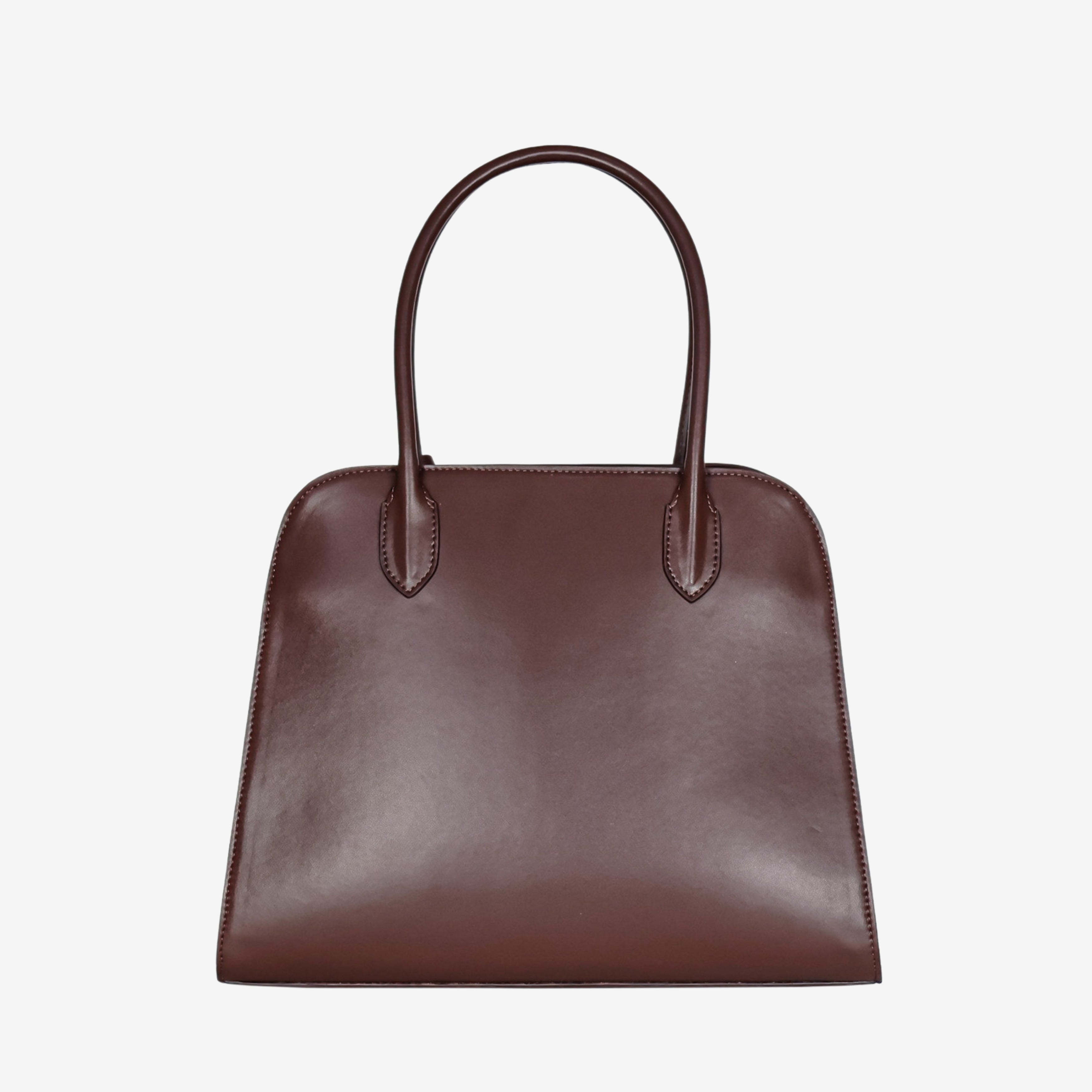 Back view of the Sloane tote bag in spuce brown vegan leather, featuring a smooth, minimalist surface with clean stitching and sturdy top handles