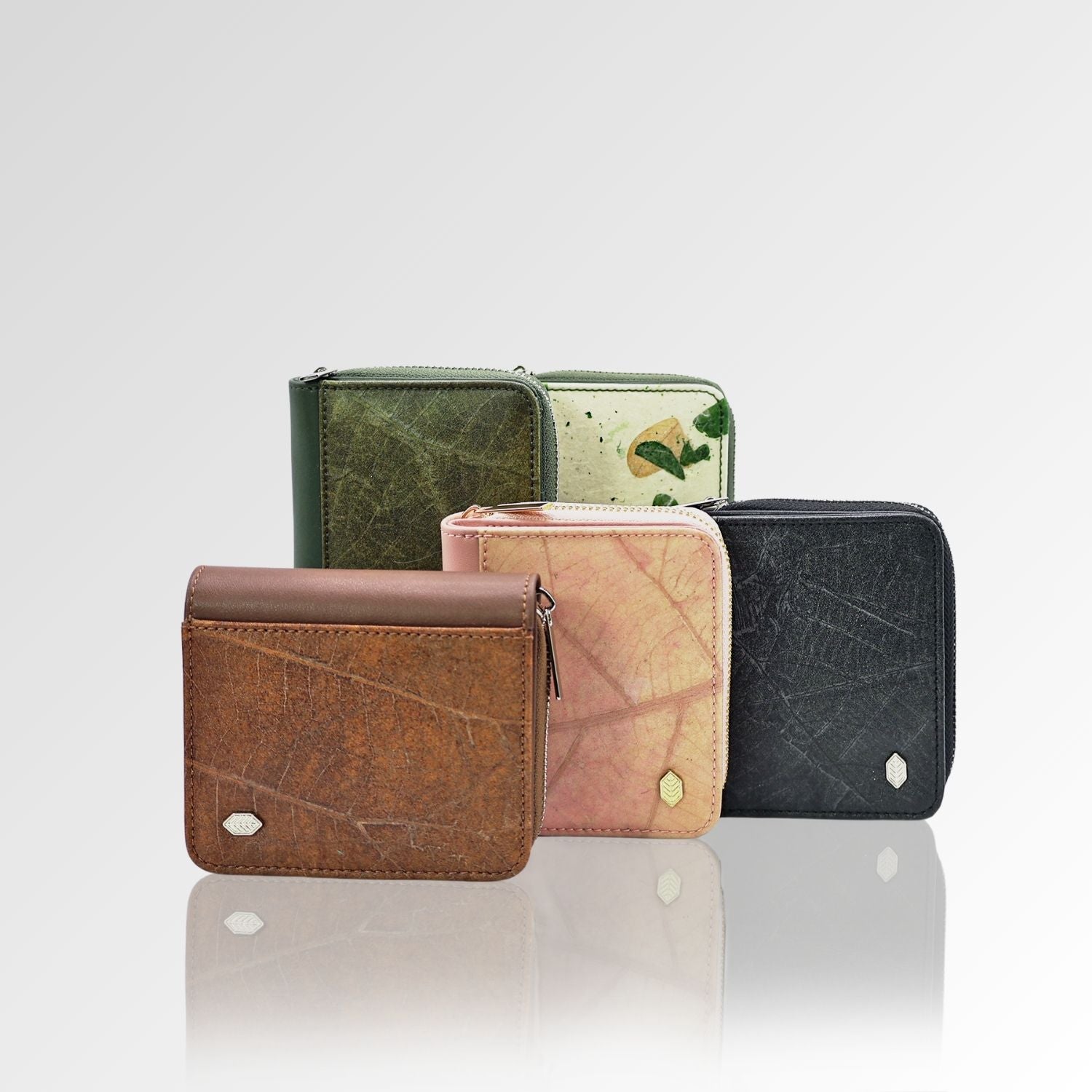 Women’s wallets in various Leaftex colors, featured in Thamon’s vegan wallet collection