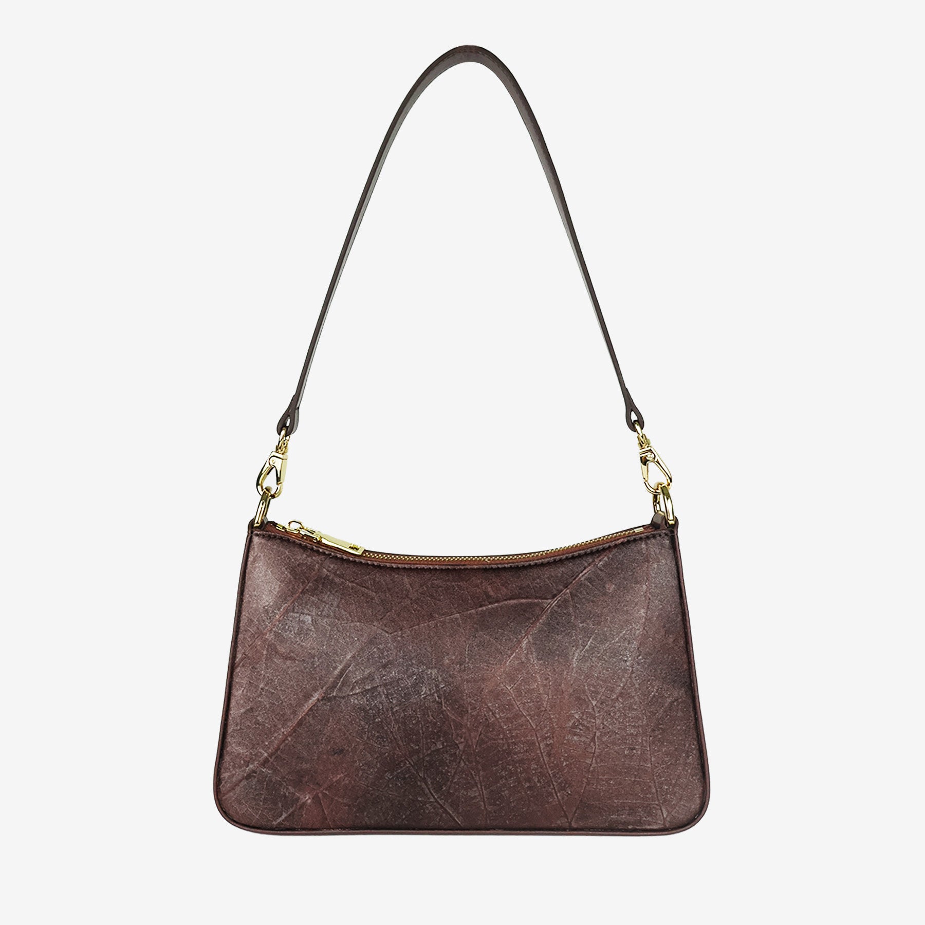 A dark walnut brown leaf leather Maki shoulder bag with a single strap and gold-tone hardware, shown against a plain light gray background.