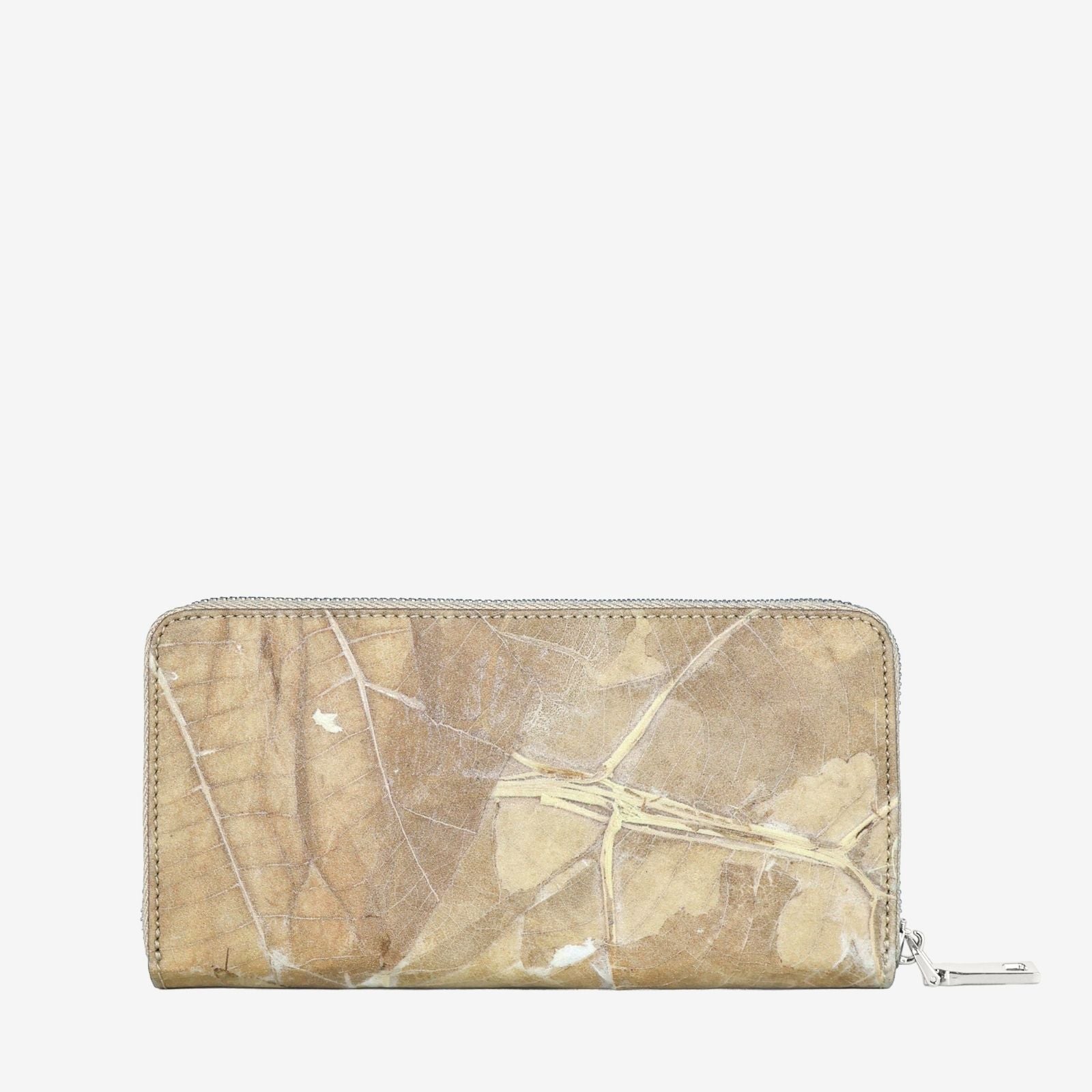 Back view of the Zip Around Wallet in Taupe made with Leaftex, showing the natural leaf pattern and zip-around closure.
