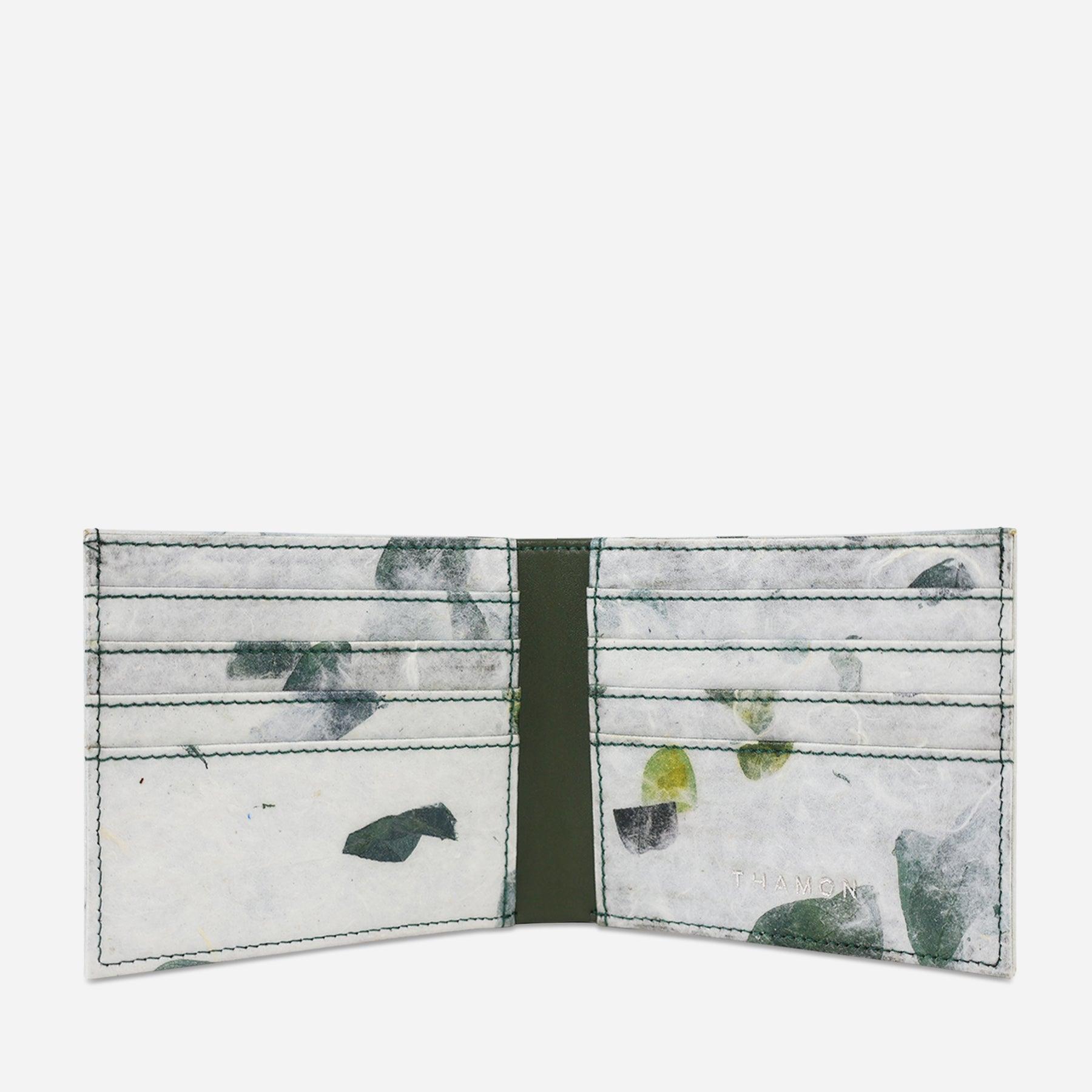 Interior of camouflage bifold card wallet by Thamon, featuring micro fiber lining and multiple card slots