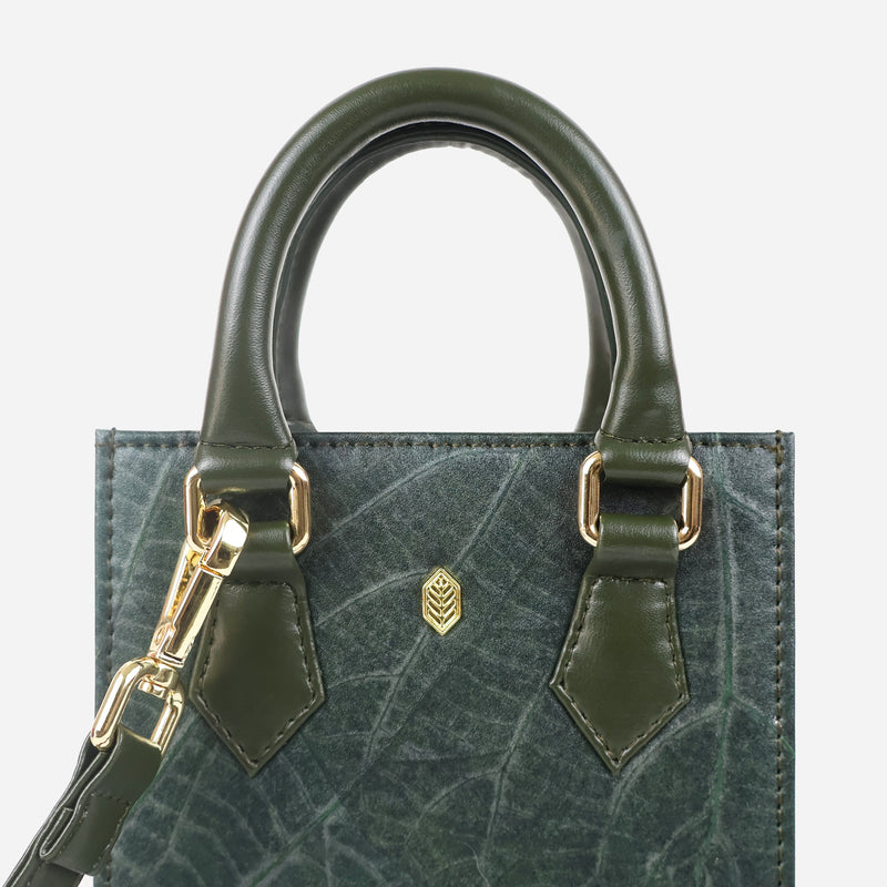 Top Handle Forest Green Leaf pattern Ivy Mini Crossbody Tote Bag by Thamon