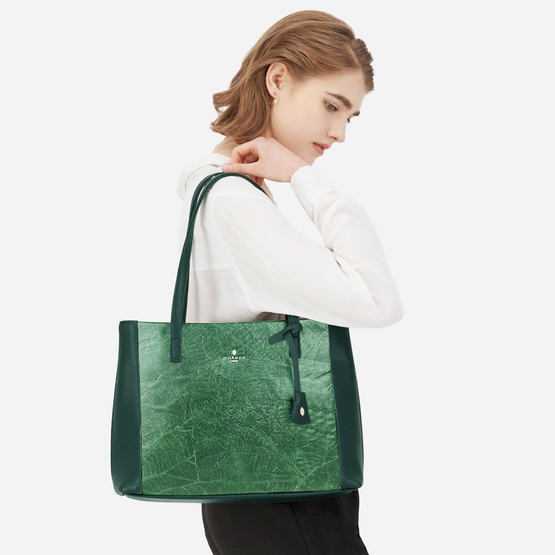 Forest Green Leaves Tote Bag by Thamon