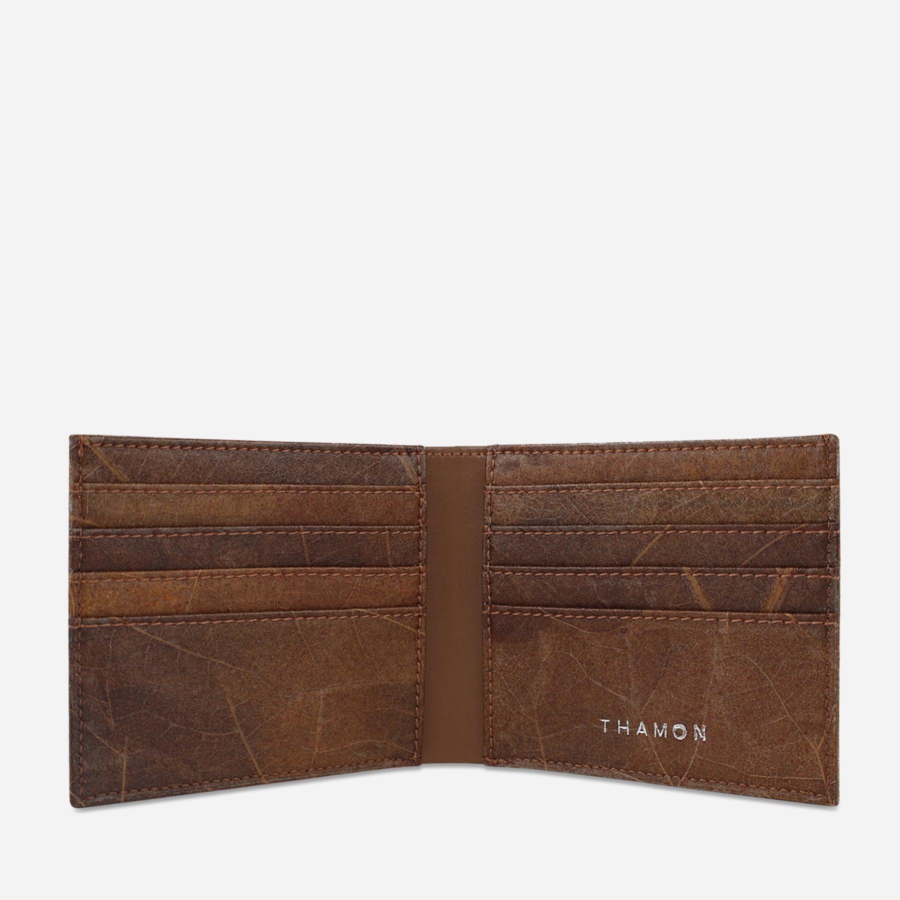 Open Spice Brown Leaf Bifold Card Wallet made from Micro Fiber by Thamon
