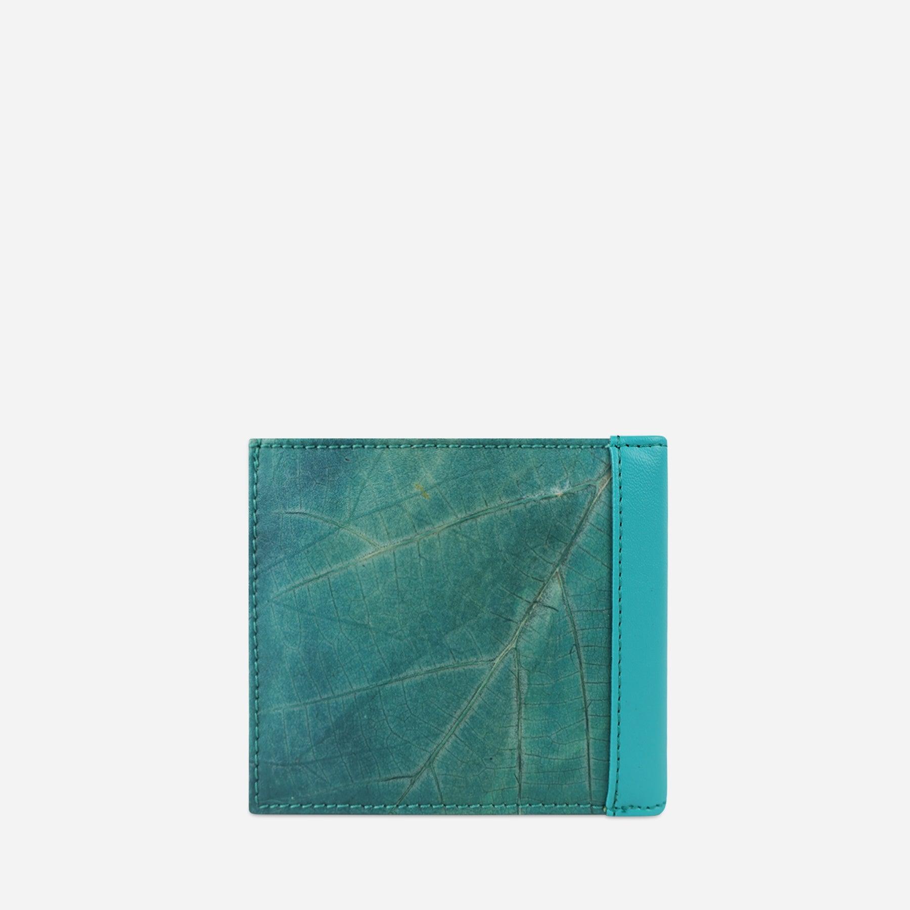Back view of Turquoise Leaf Bifold Card Wallet made from Microfiber leather by Thamon
