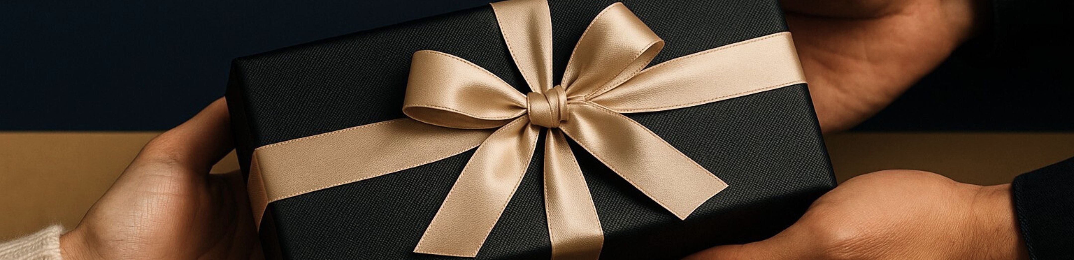 A black gift box with a golden ribbon being held by two people.