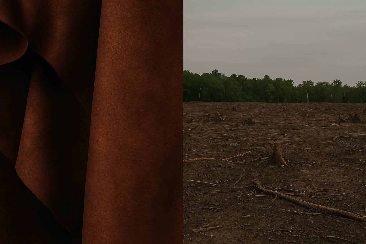 Split image of brown leather and deforested land, illustrating the environmental impact of the leather industry