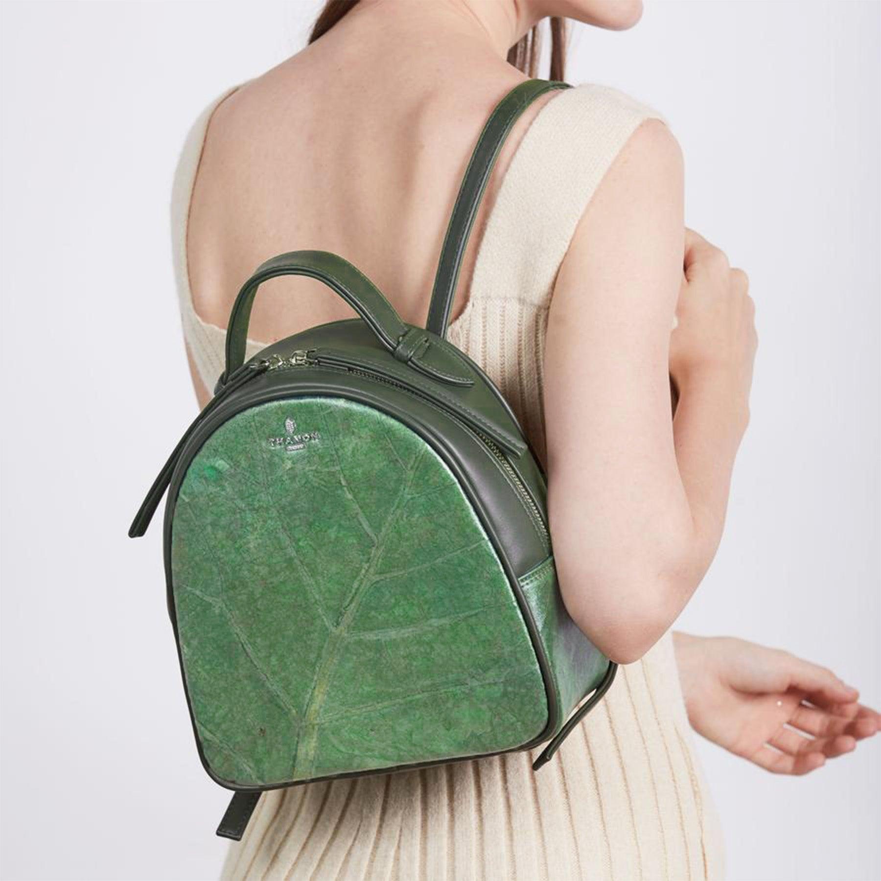 Forest Green Leaf Pattern Rachel Backpack by Thamon