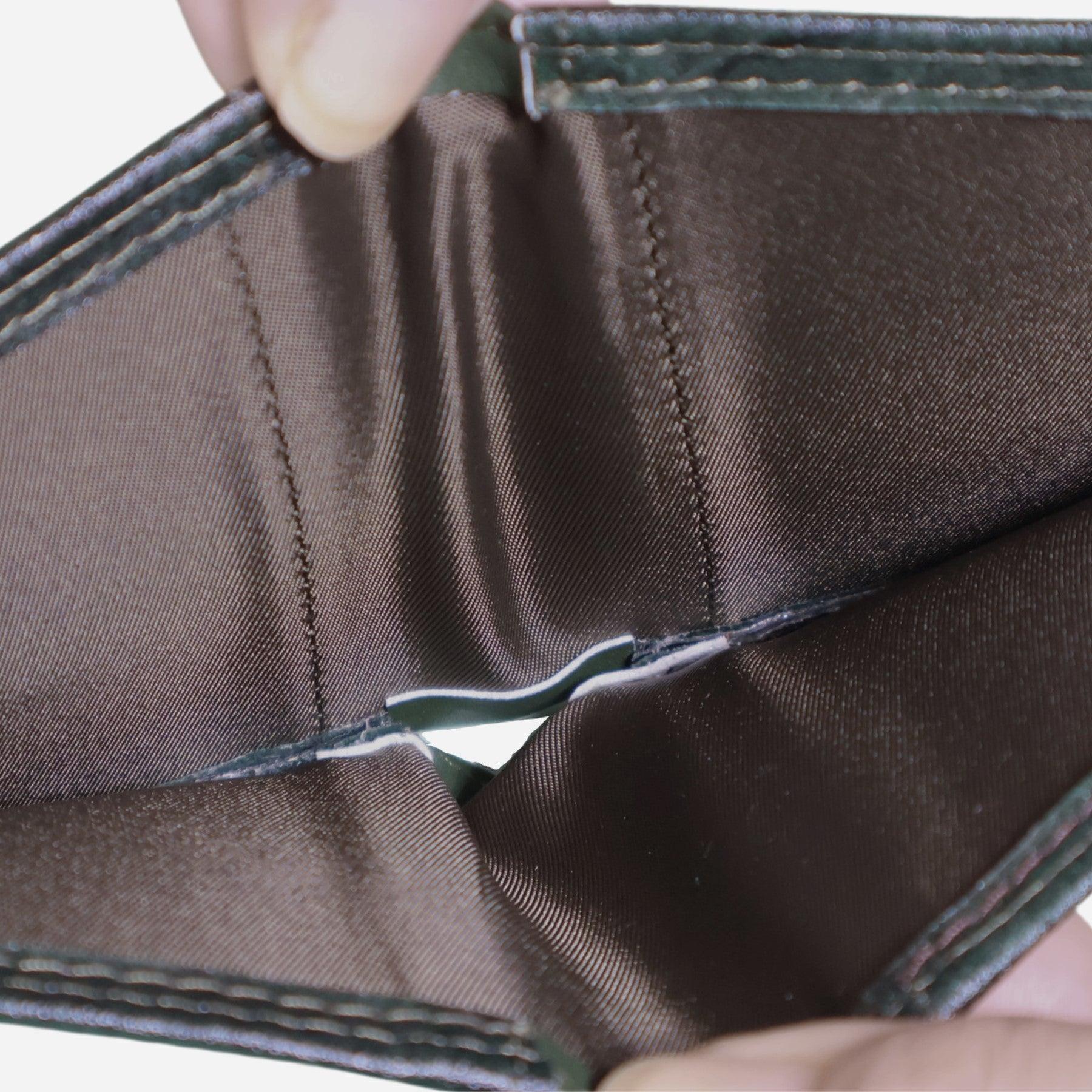 Interior view of Thamon Forest Green Leaf Bifold Card Wallet with brown microfiber lining