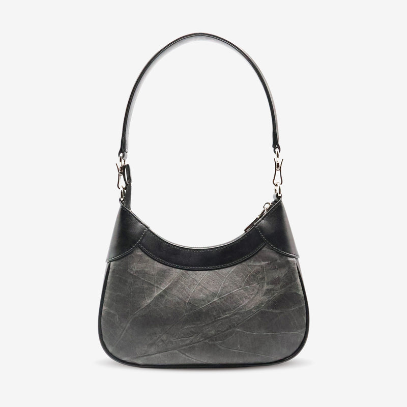 Back view of the Kara Vegan Shoulder Bag in Black with leaf leather texture and silver-tone hardware.